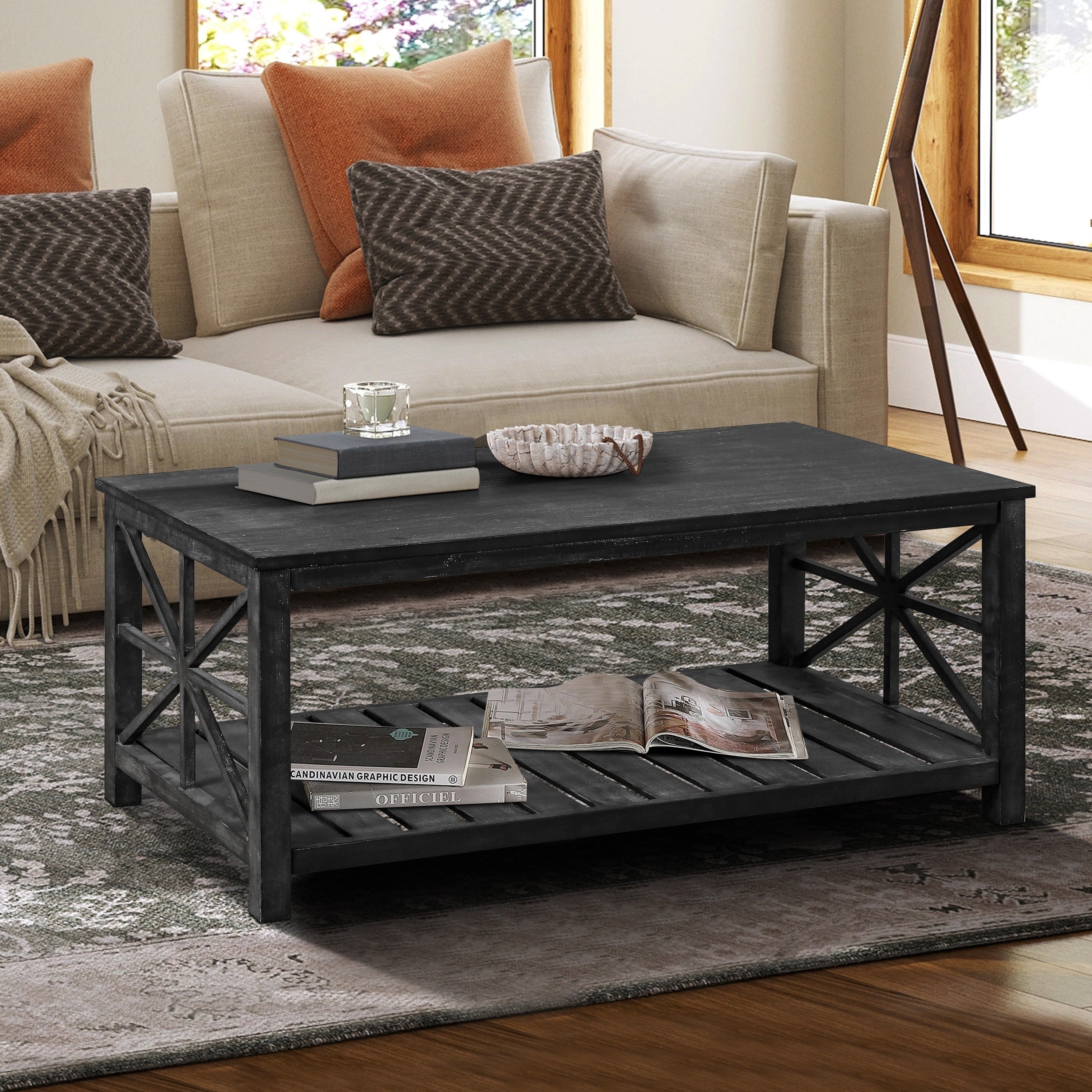 122cm Rustic Coffee Table Farmhouse Rustic 2 Tier Storage Sturdy Wooden Frame TV Table Center Table For Living Room Industrial Sofa Table Or Office Easy Assembly