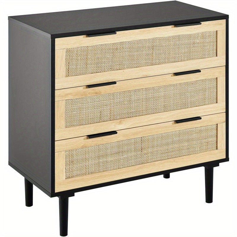 Boho Chic 3-Drawer Rattan Dresser with Black Metal Frame - Natural Woven Front Panels, Sturdy Handles & Legs for Bedroom, Living Room, Hallway Storage, Dresser for Bedroom