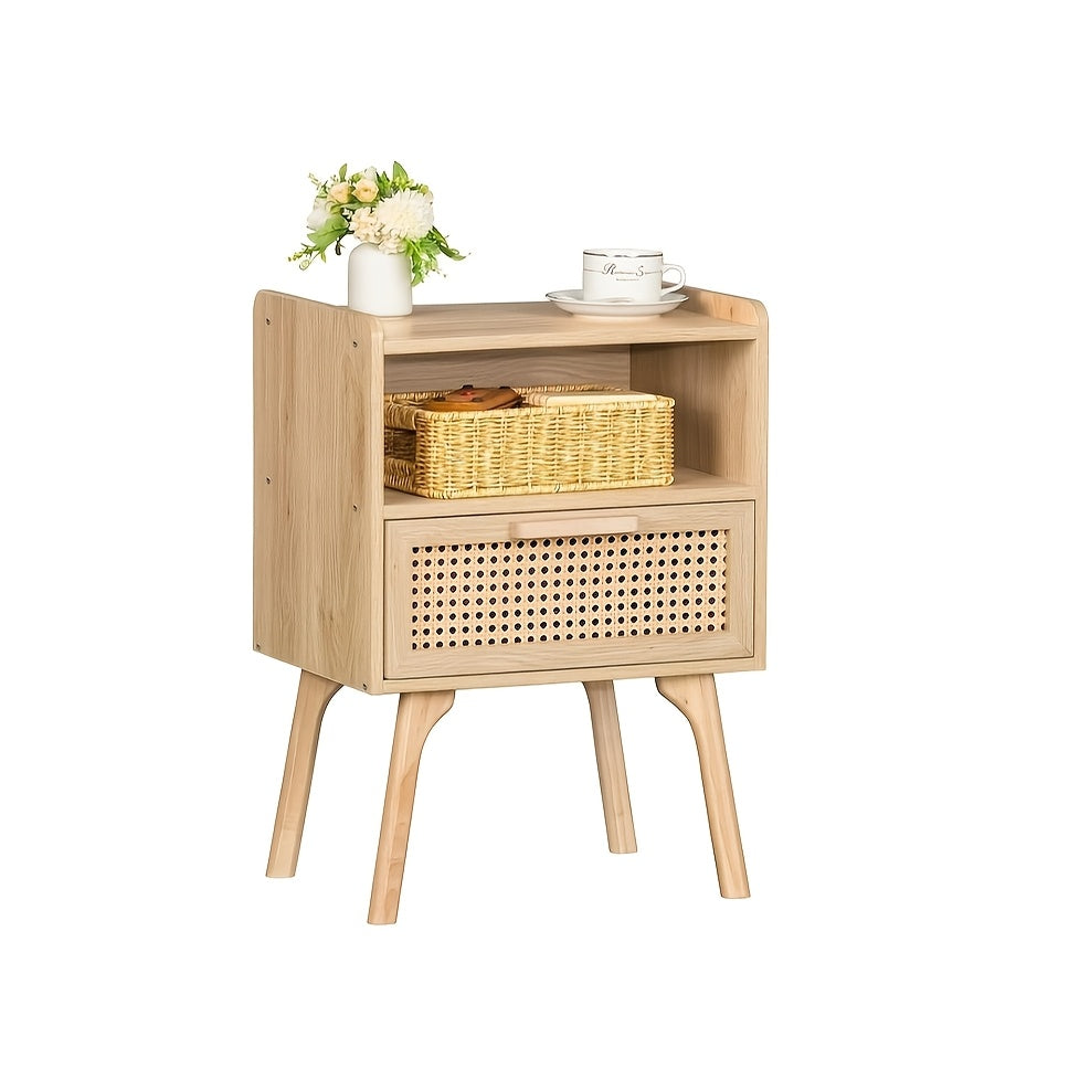 Rattan Nightstand, Boho Side Table With Drawer Open Shelf, Cane Accent Bedside End Table With Solid Wood Legs For Bedroom, Dorm And Small Spaces (Natural)