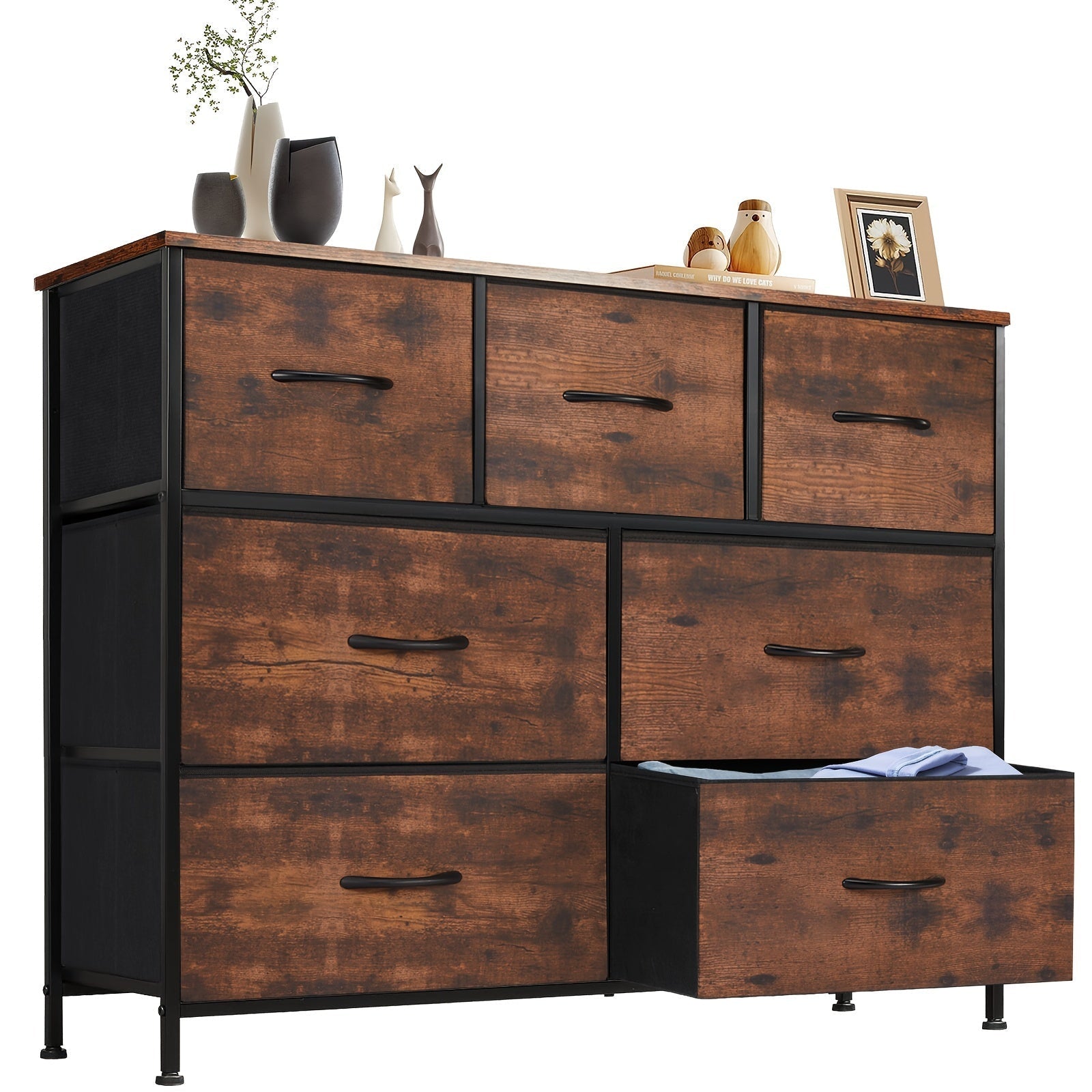 Dresser For Bedroom, Storage Organizer Units Furniture With 7 Drawers, Wooden Top For Nursery, Chest Tower TV Stand With Fabric Bins, Metal Frame, Living Room, Kidsroom, Closet