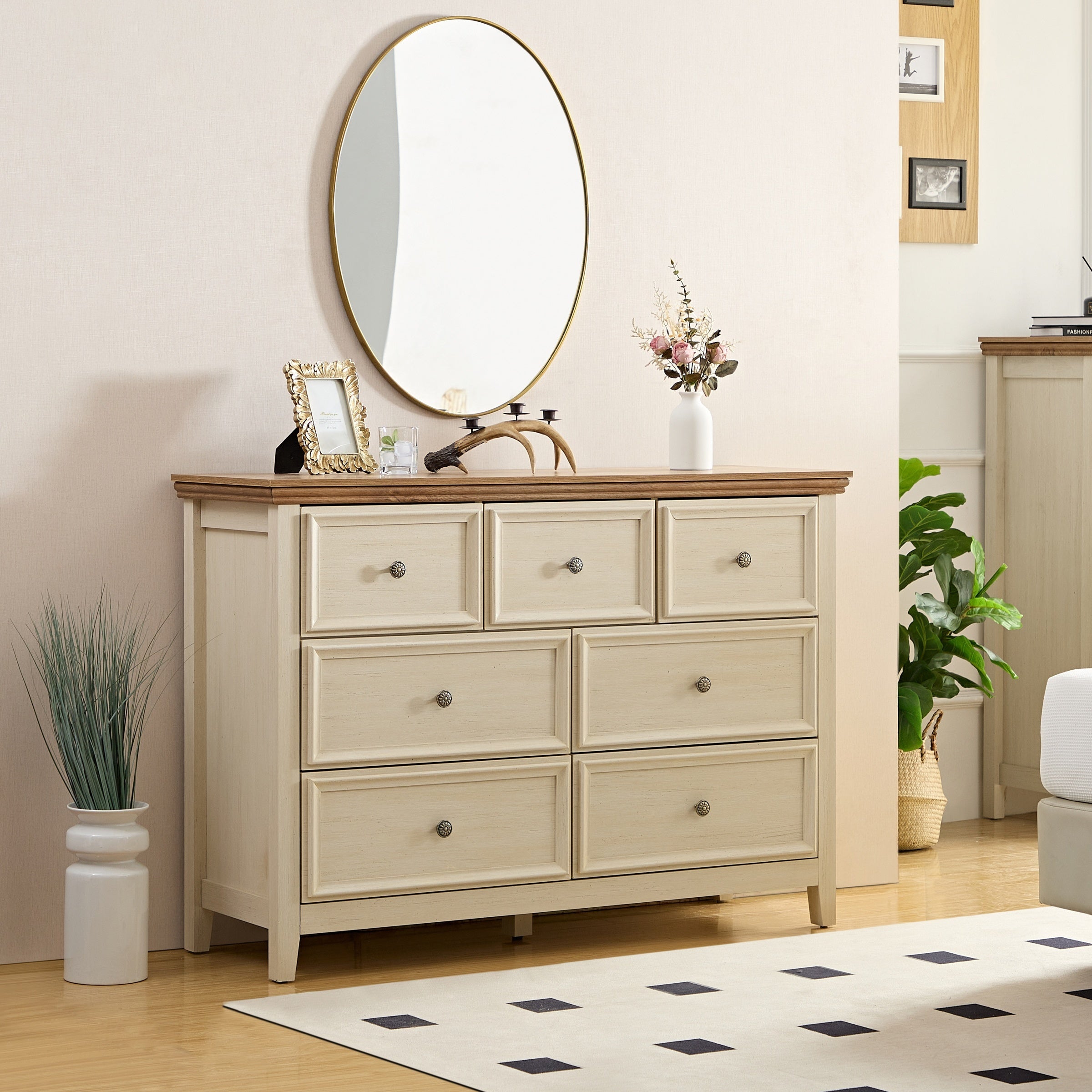 Dresser For Bedroom With 6 Drawers, 5 Drawer Tall Chest Of Drawers For Bedroom Beige Wood, Modern Storage Cabinet With 7 Drawers For Home Office, Dressing Room, Entryway