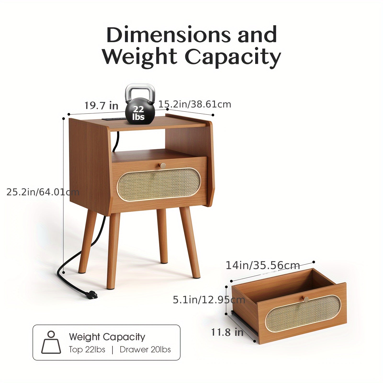 Nightstands Set Of 2, Mid Century Modern Nightstand With Charging Station, Rattan Side Table With Drawer, End Table Bedroom, Set Of 2, Cherry