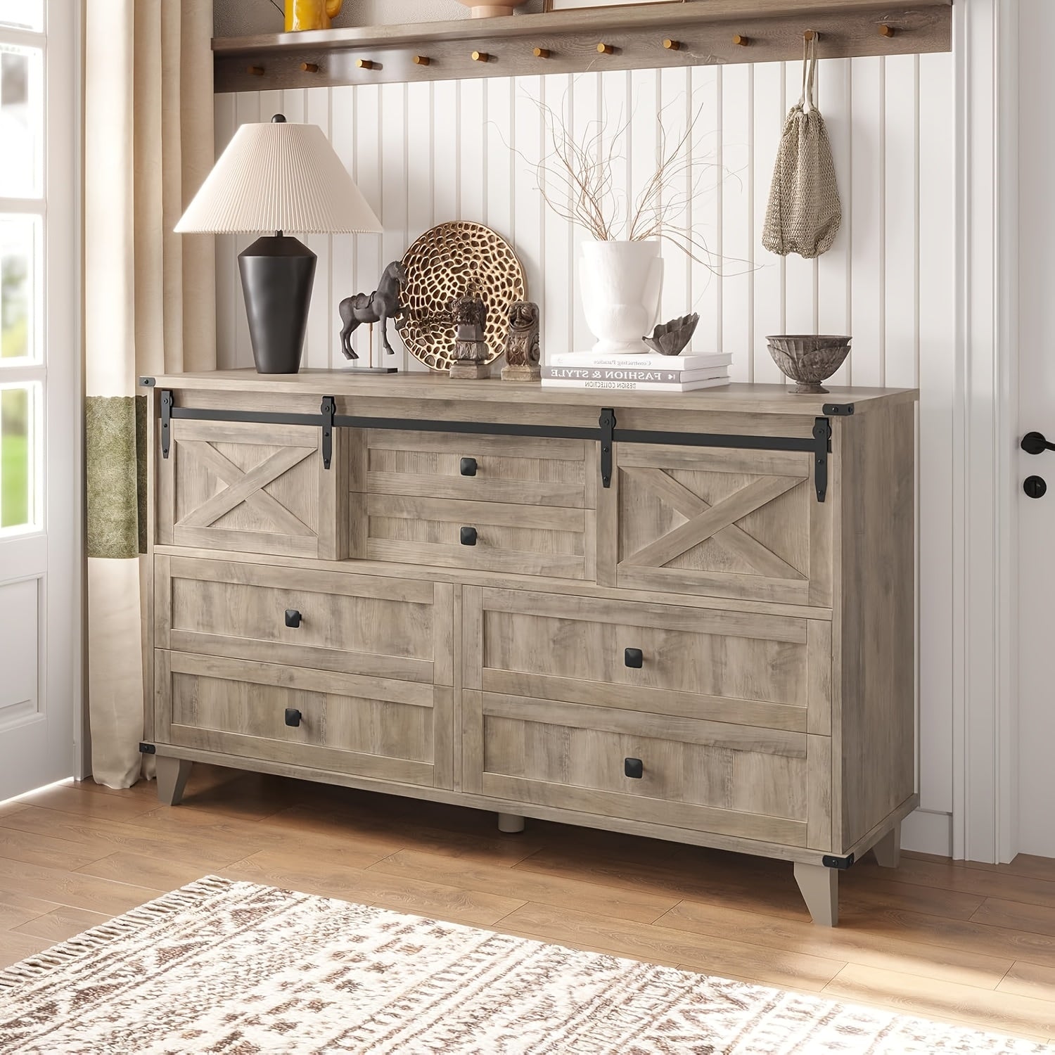 Charming Farmhouse 6-Drawer Dresser with Sliding Barn Doors - Versatile White Chest of Drawers with X-Shaped Metal Frame, Ideal for Bedroom or Living Room Storage, Easy Assembly