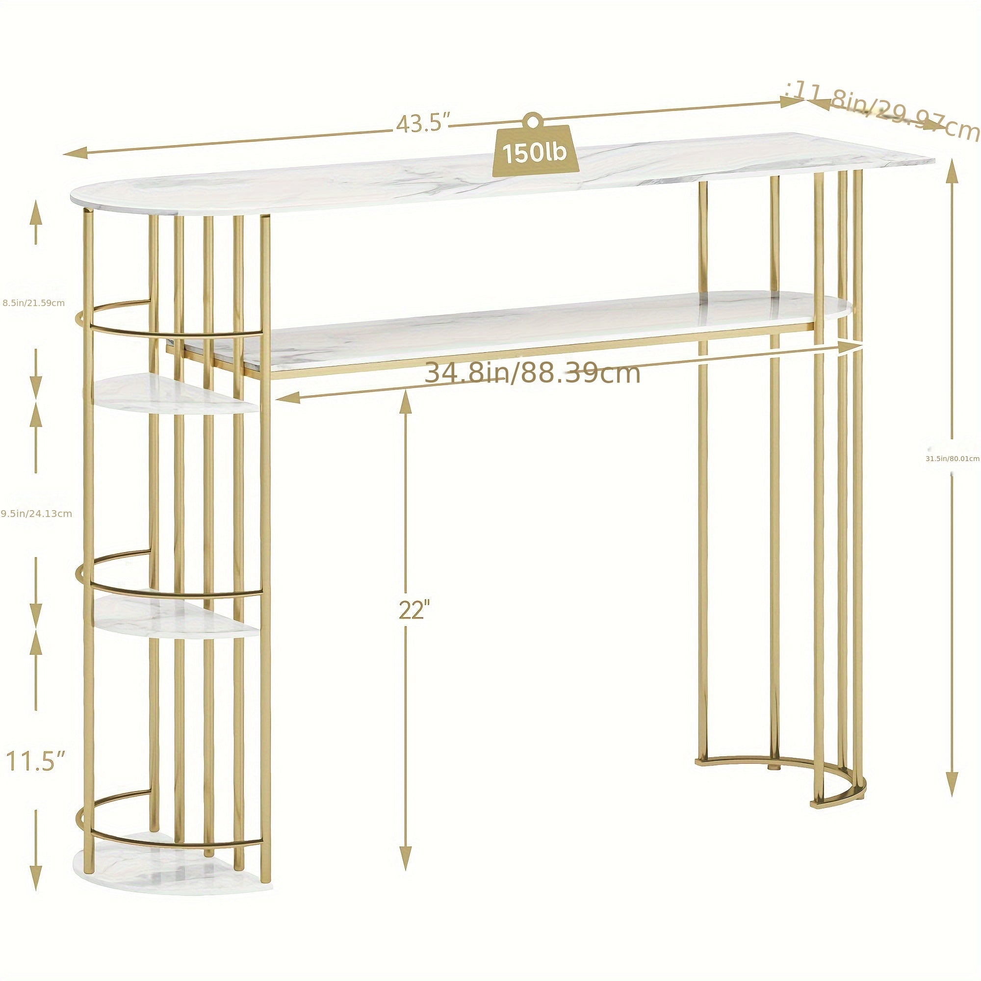 Gold Console Table, Narrow Entryway Table With Storage And Shelves, 110.5 cm Behind Couch Table For Living Room, Foyer, Or Bedroom