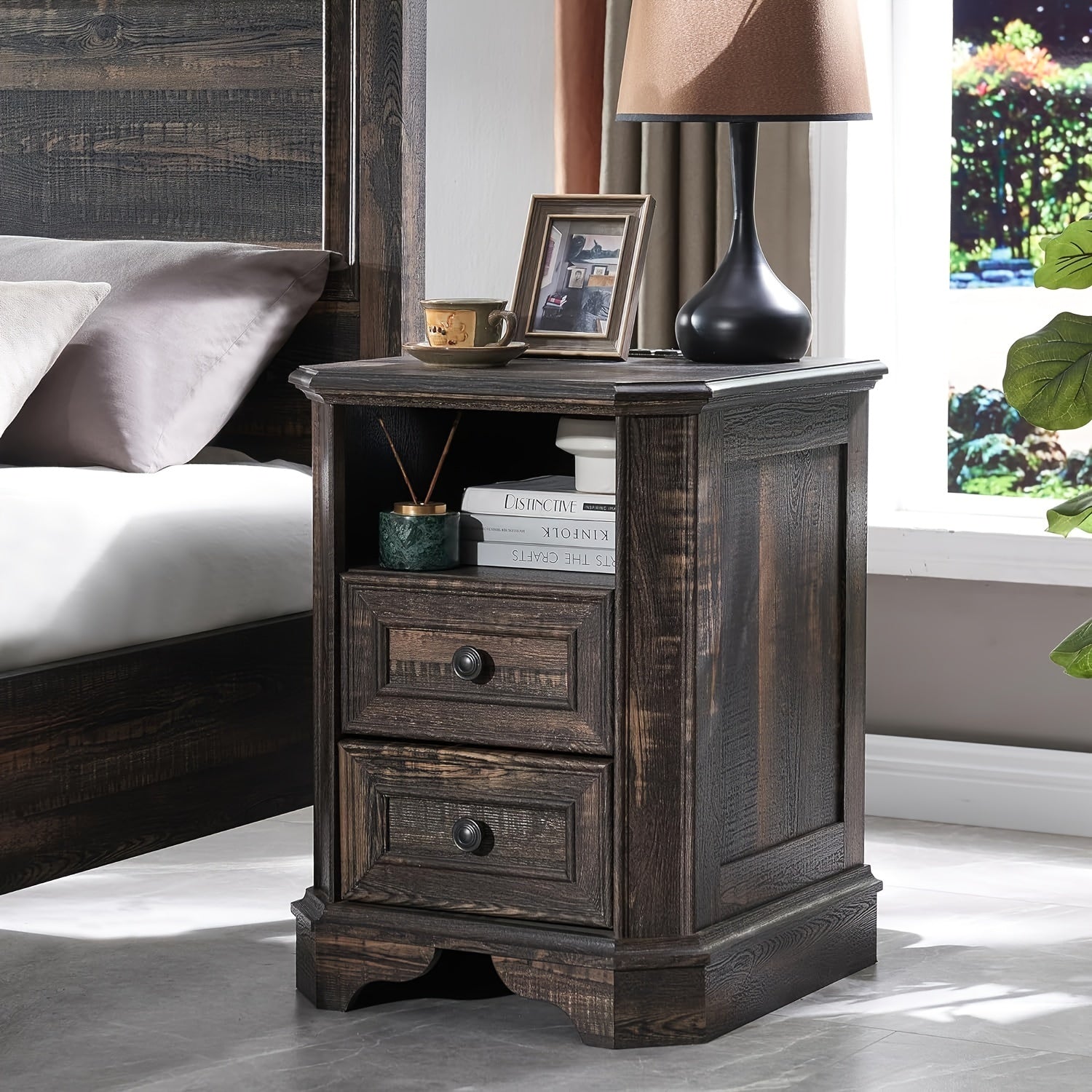 Farmhouse Nightstand With Charging Station, 18" End Table With 2 Drawers, Wood Side Table, Bedside Cabinet For Bedroom, Living Room