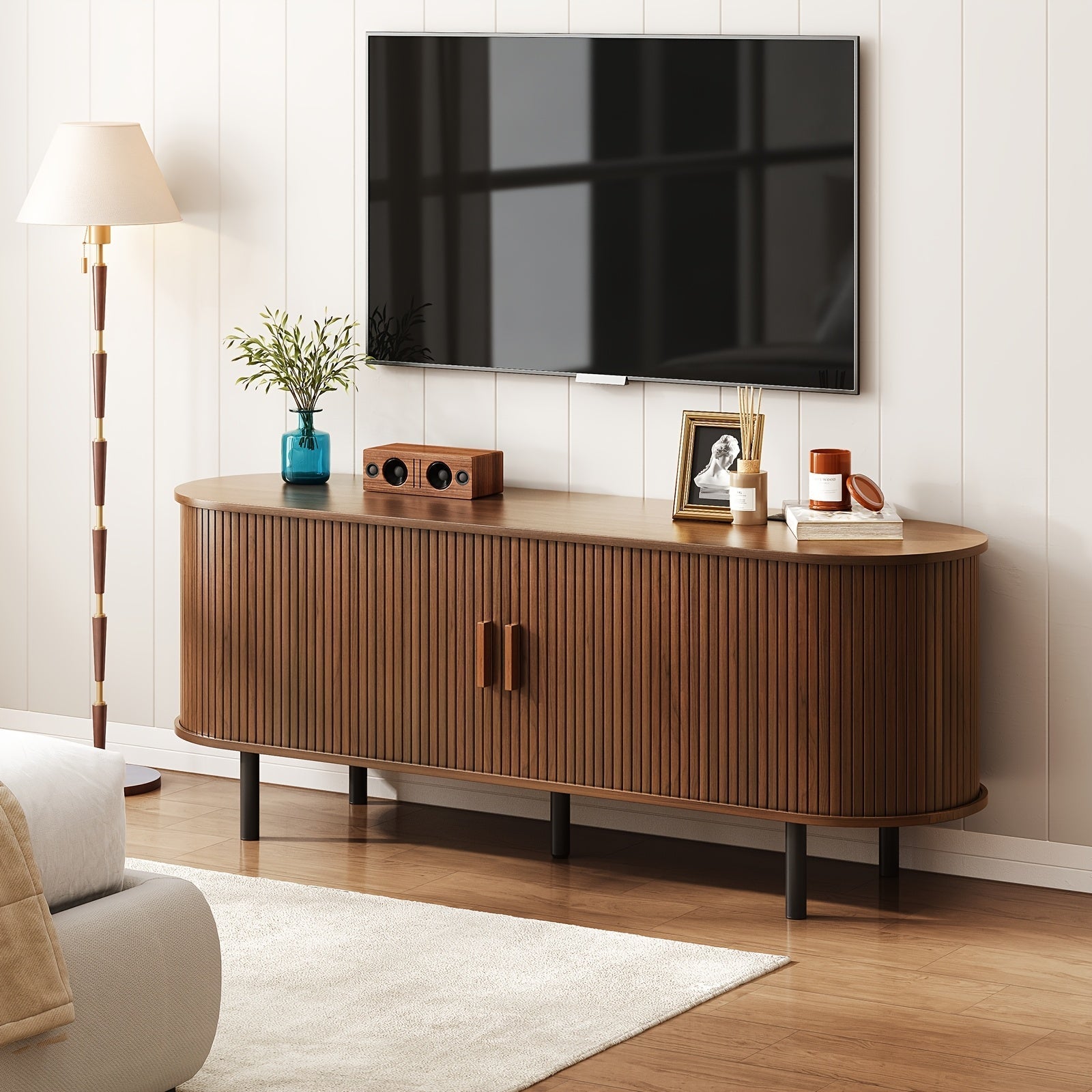 Walnut 140cm TV Stand with Sliding Doors - Fits Up to 60" TVs, Built-in Power Outlet & Adjustable Shelves for Living Room or Bedroom Storage