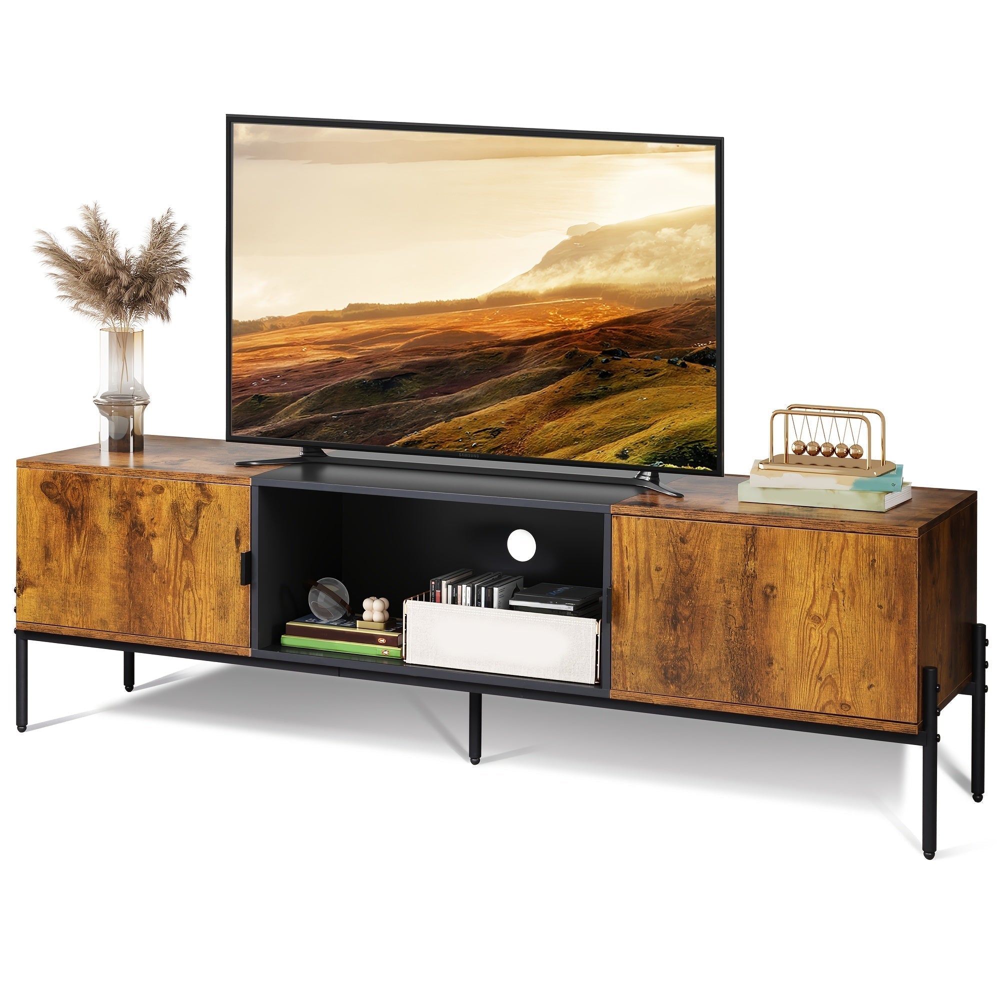 Modern TV Stand For 165cm TV, Mid Century Entertainment Center With Storage, TV Console With Open Shelf And 2 Cabinets For Bedroom And Living Room, TV Cabinet With Metal Legs