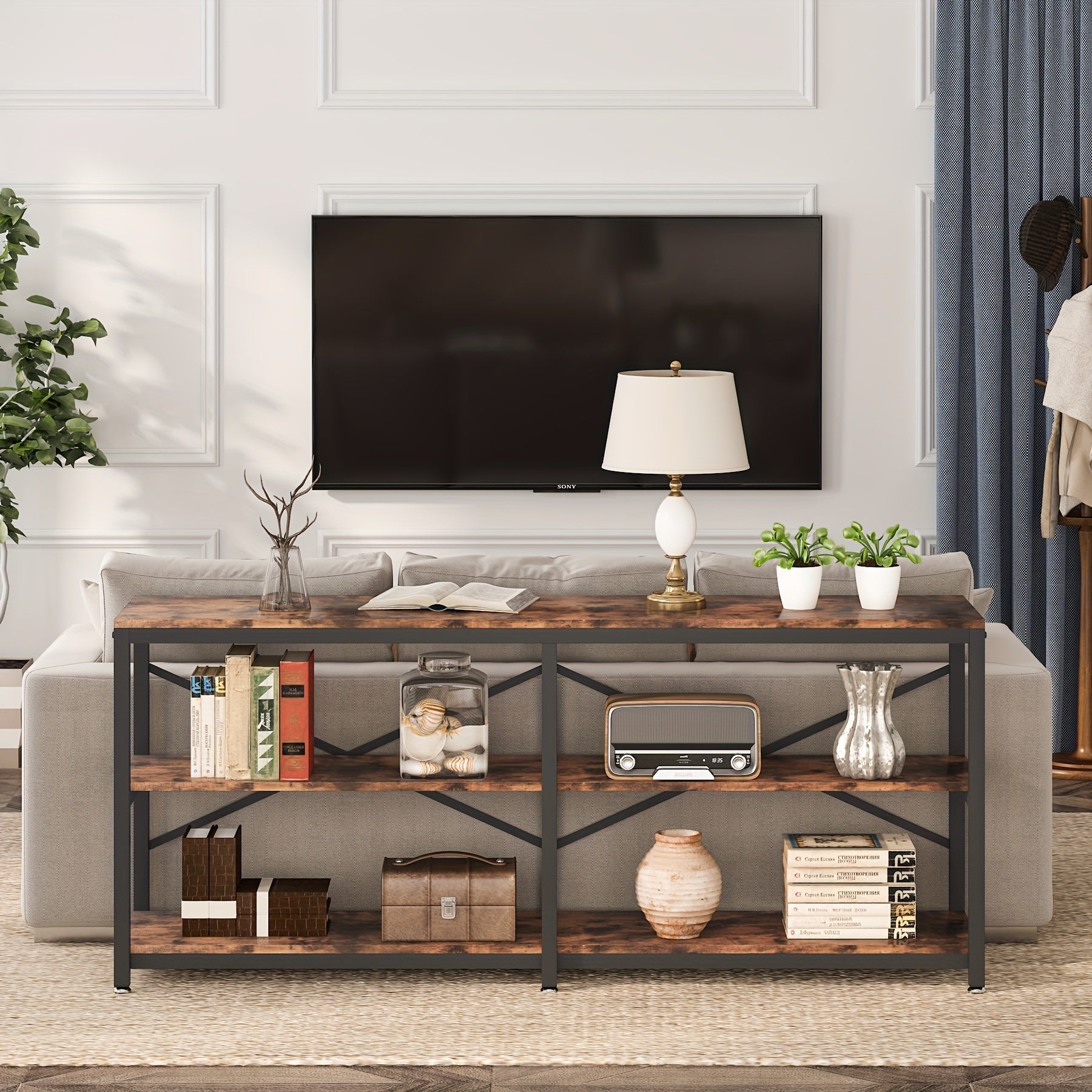 Industrial 180 cm Sofa Table With Storage Shelves: This Modern Console Table Features A Three-tier Design For Storage And Display, Perfect As A Behind-Couch Table, Entryway Table, Or Three-Shelf Bookshelf In Your Living Room