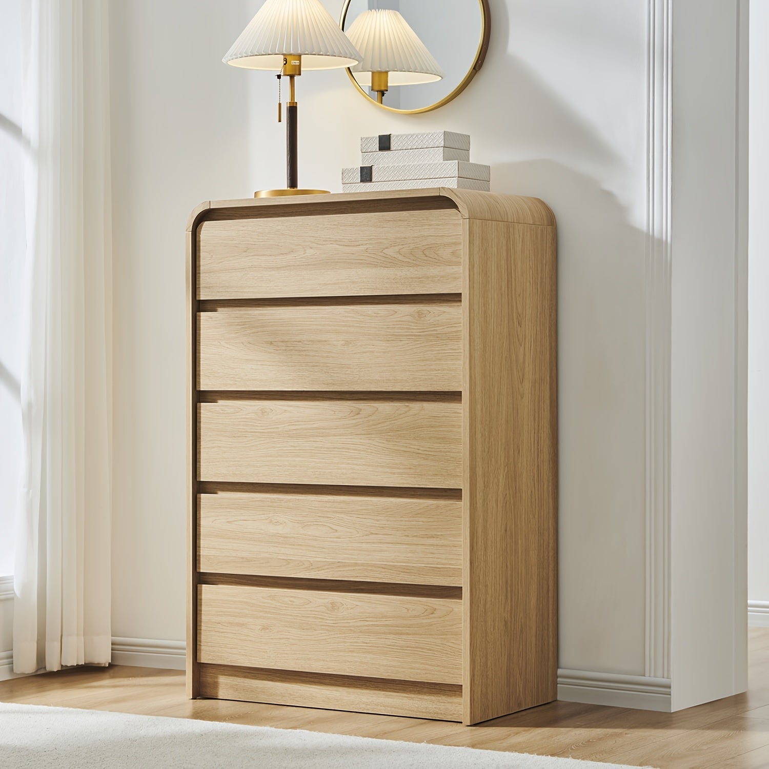 Modern 5 Drawers Dresser For Bedroom, 114cm Tall Dressers & Chests Of Drawers W/Curved Profile Design, Wood Mid Century Vertical Dresser W/Natural Texture For Bedroom, Living Room