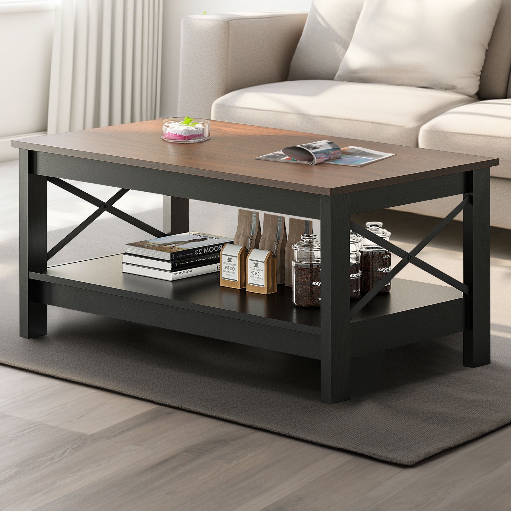 Rectangular Wood Coffee Table with Dual- Tier Open Storage, Optimized for Robotic Cleaning