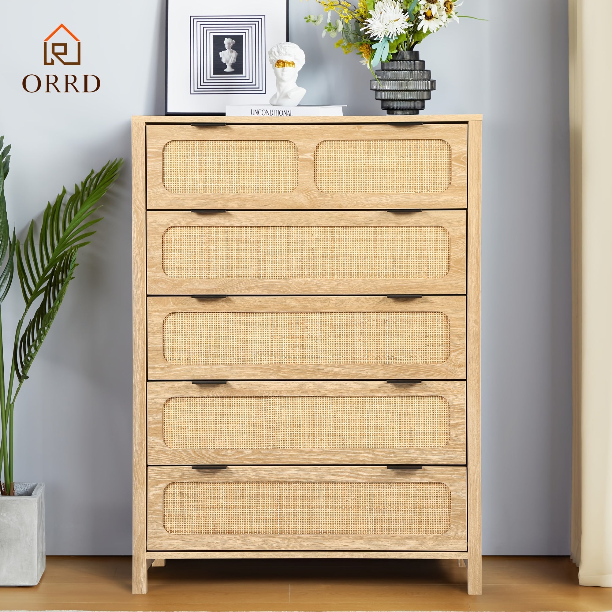 5 Drawer Dresser For Bedroom, Wide Chest Of Drawers With Storage, Rattan Nightstand Cabinet Dresser For Bedroom Hallway Living Room Entryway Office