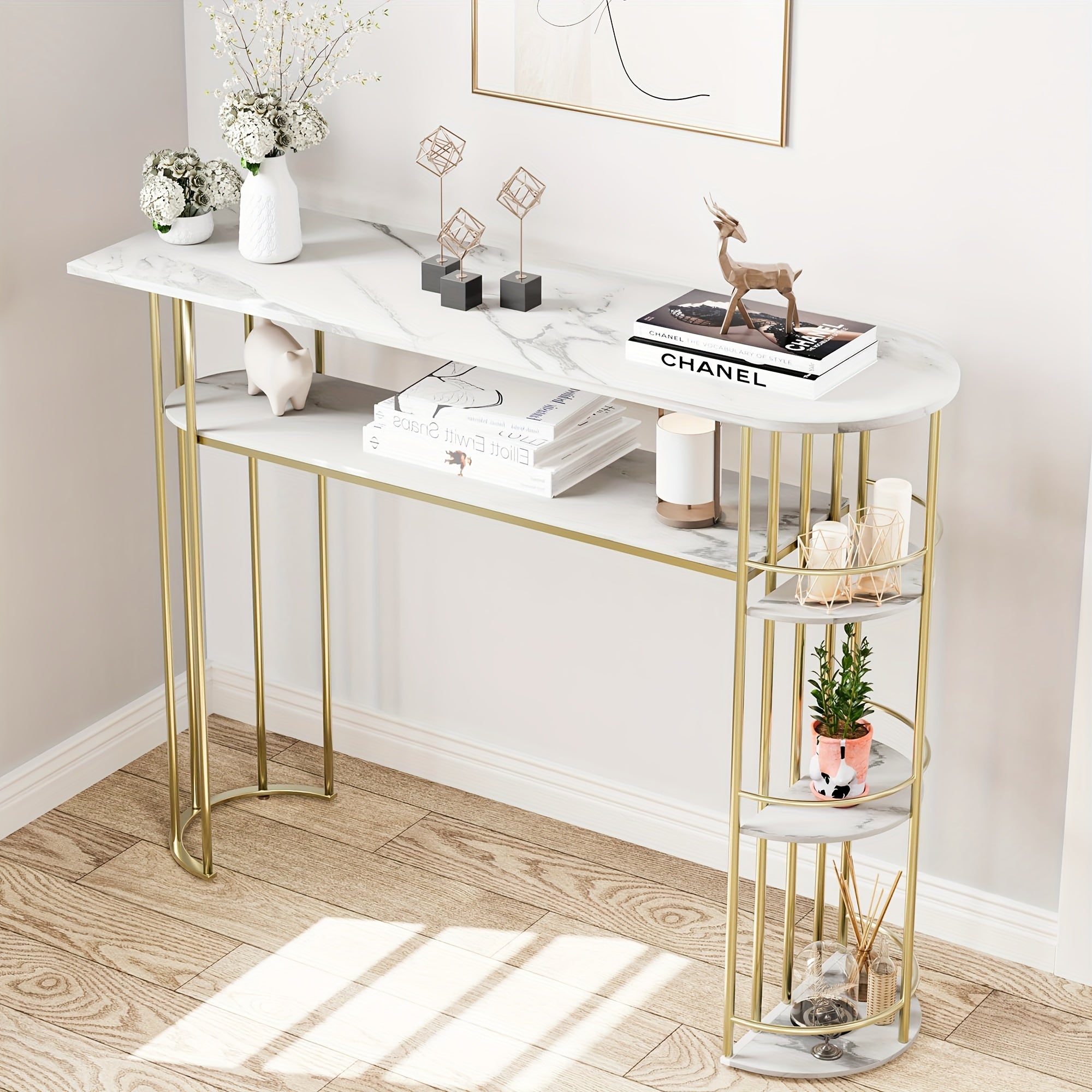 Gold Console Table, Narrow Entryway Table With Storage And Shelves, 110.5 cm Behind Couch Table For Living Room, Foyer, Or Bedroom