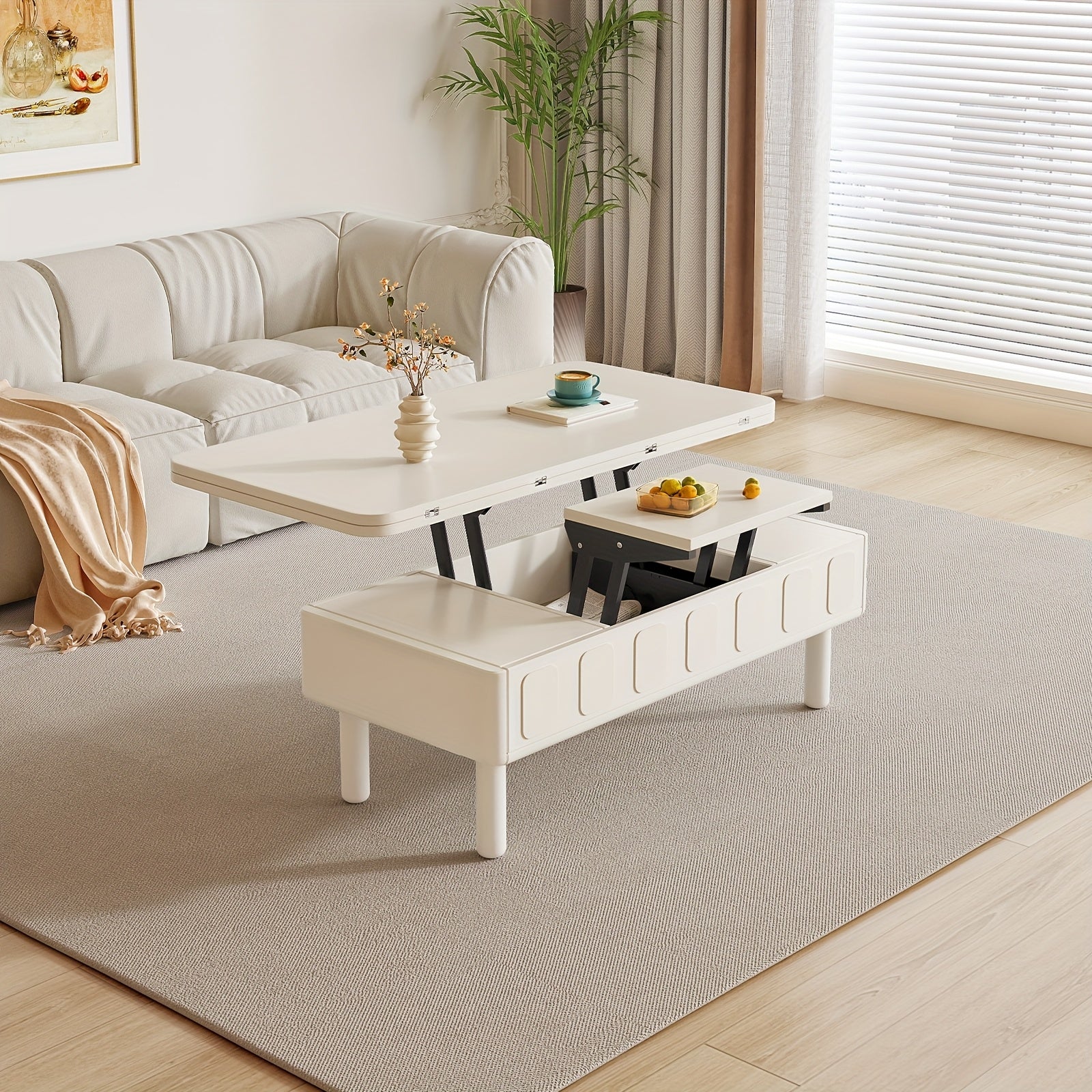 White Extendable Coffee Table, 3-in-1 Center Table, Multifunctional Lift Top Coffee Table, Space Saving Folding Dining Table for Living Room, Home, Easy Assembly