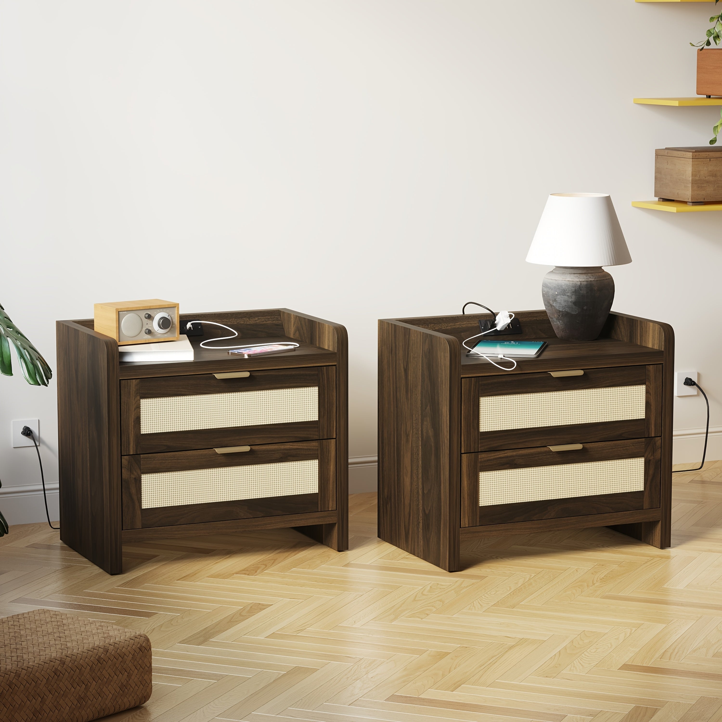 2pcs Set Rattan Mid-Century Modern Nightstands with Storage - Chic Accent Bedside Tables with Drawers, Perfect for Small Spaces in Bedroom & Living Room, Bedroom Decor, Bedside Cabinet, Small Edge Table