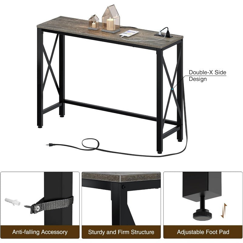 Console Table with Power Outlet, Sofa Table with Charging Station, Narrow Entryway Table, Skinny Hallway Table, Behind Couch Table 100 x 30/20, 140 x 30/20, 180 x 30/20 Farmhouse Table Behind Sofa Couch H