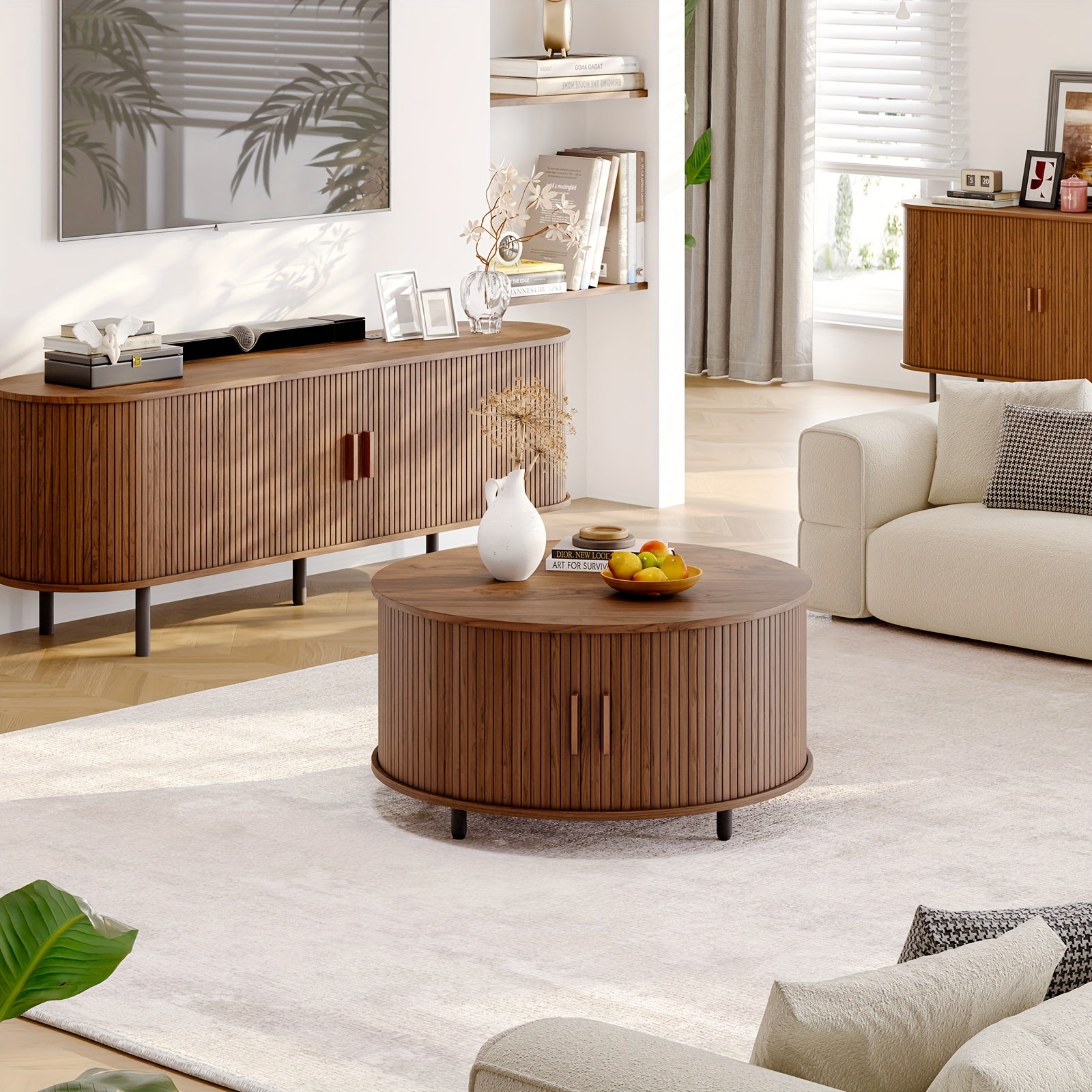 Wooden Round Coffee Table 80cm Center Table With Storage Space, 360° Curved Sliding Door And Adjustable Footrest Sofa Side Table For Family Living Room Walnut