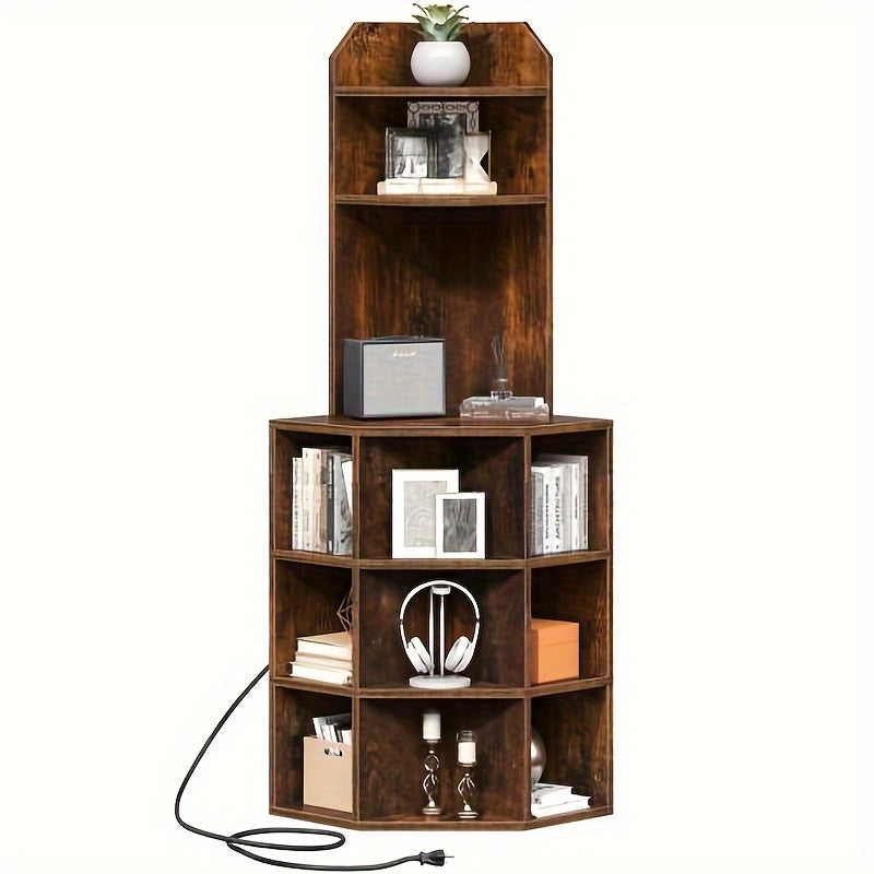 5- Tier Corner Shelf with USB Ports and Outlets, Corner Bookshelf Bookcase Display Shelves Rack Storage Corner Bar Cabinet for Living Room, Home Office, Kitchen, Brown