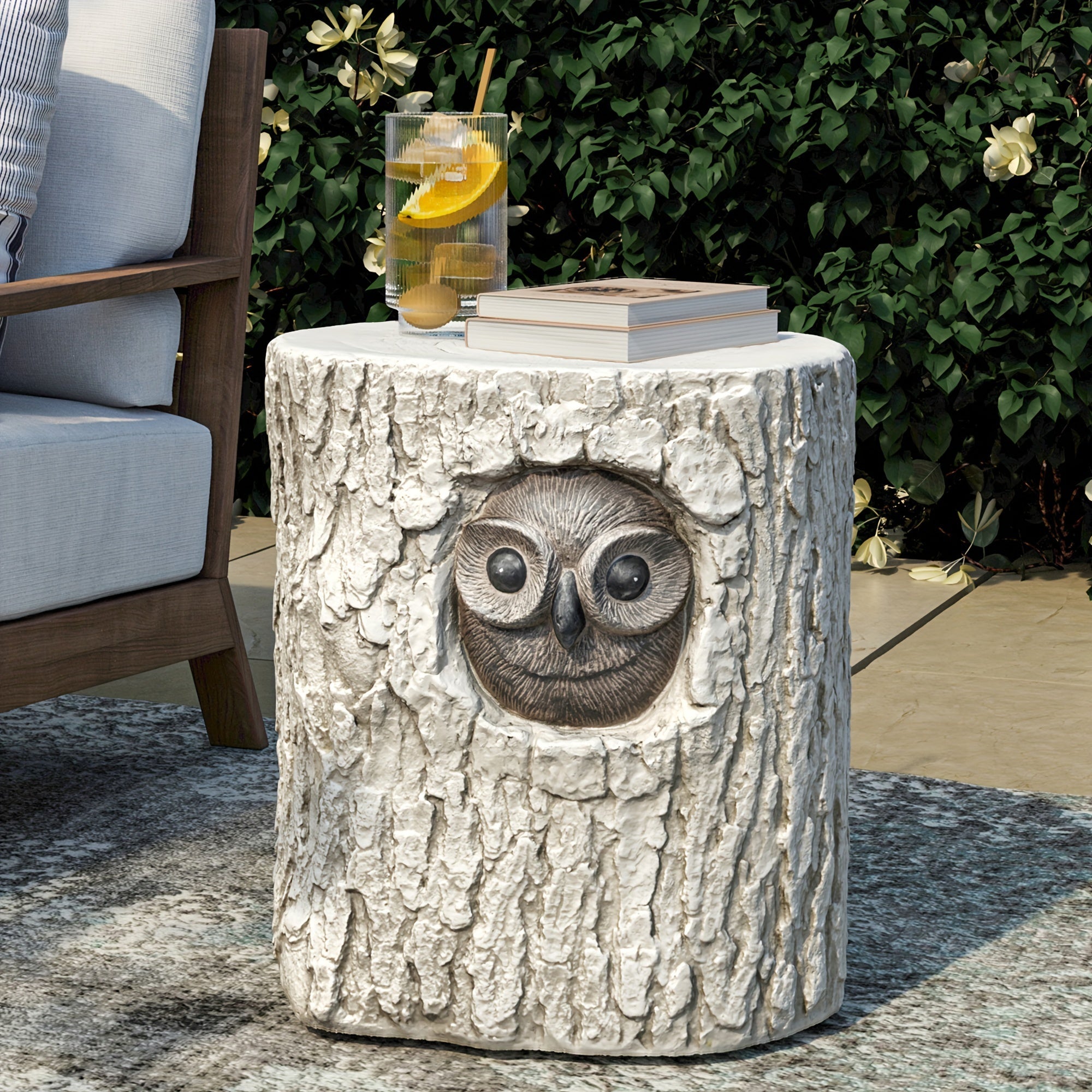 Concrete Side Table, Outdoor Side Table for Patio, 14" Squirrel Accent Table Patio Side Table End Table, Ceramic Side Table Garden Stool Log Table in Brown