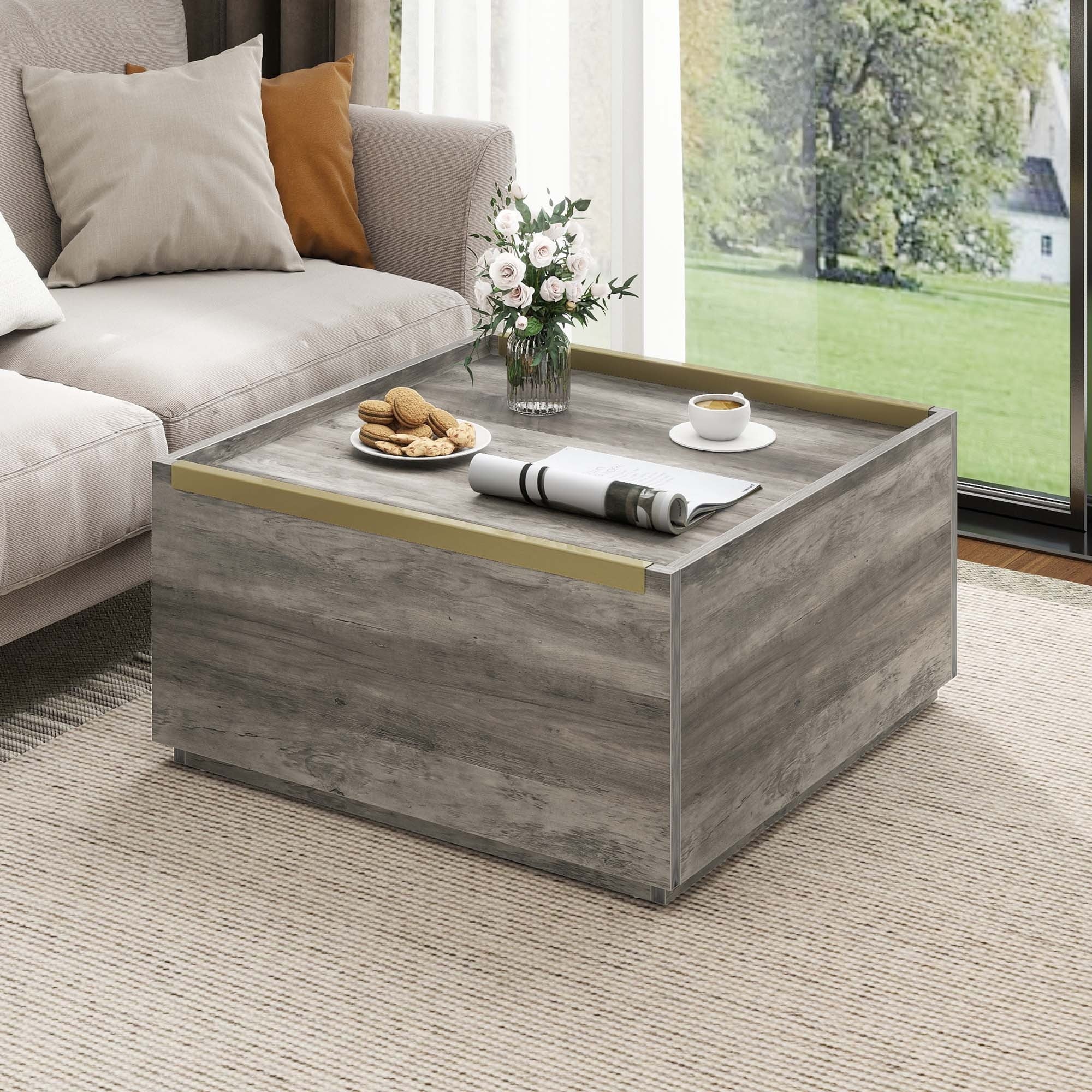 Rustic Farmhouse Square Coffee Table with Hidden Drawers - Sturdy Wooden End Tables for Living Room Decor, Portable & Durable, 31.1"D x 31.1"W x 16.1"H - Perfect for Halloween & Christmas Gifts