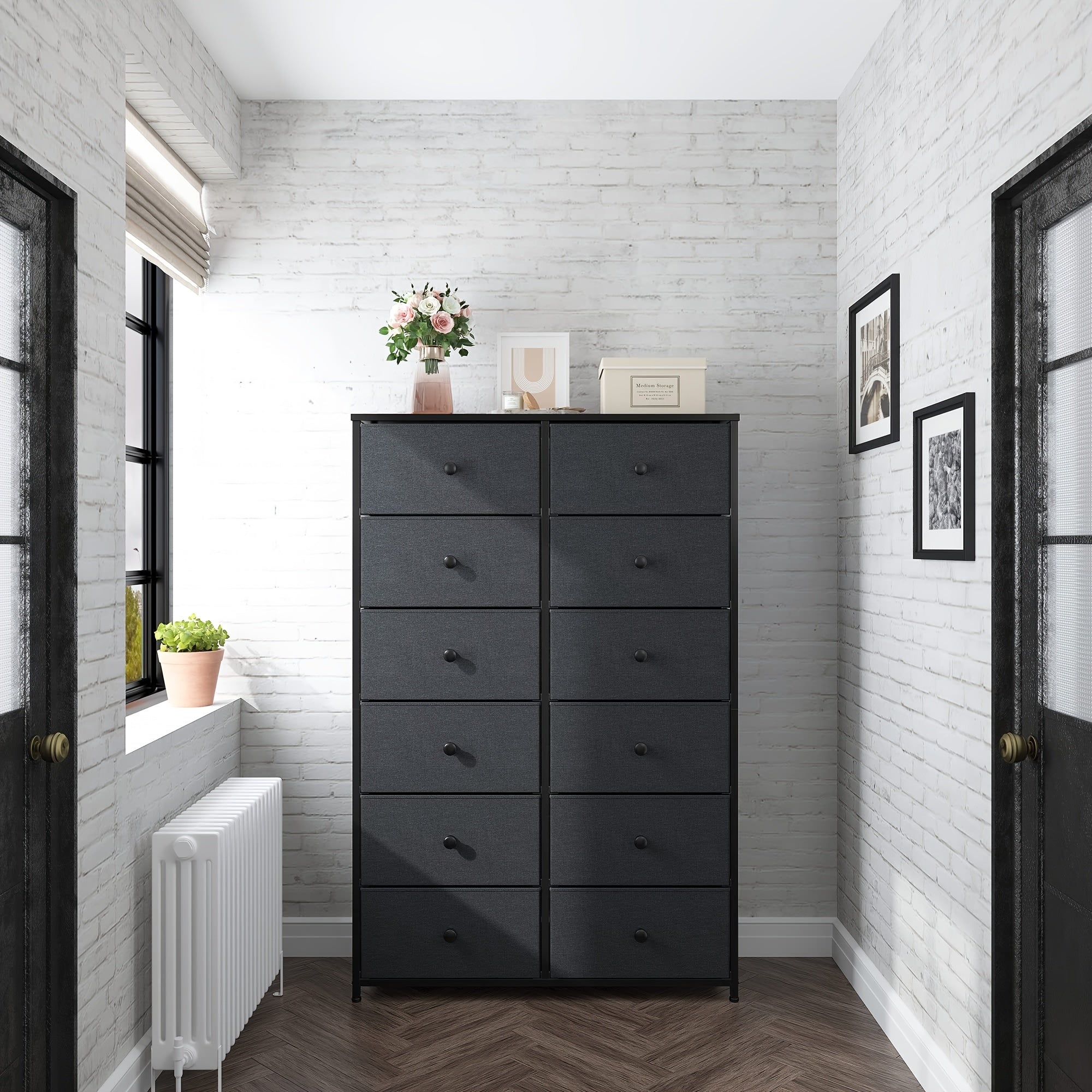 12 Drawer Dresser, Tall Dressers For Bedroom With Wooden Top And Metal Frame, Black Dresser & Chest Of Drawers For Bedroom, Closet Living Room, Black Grey, 11.9" D X 34.8" W X 52.2" H