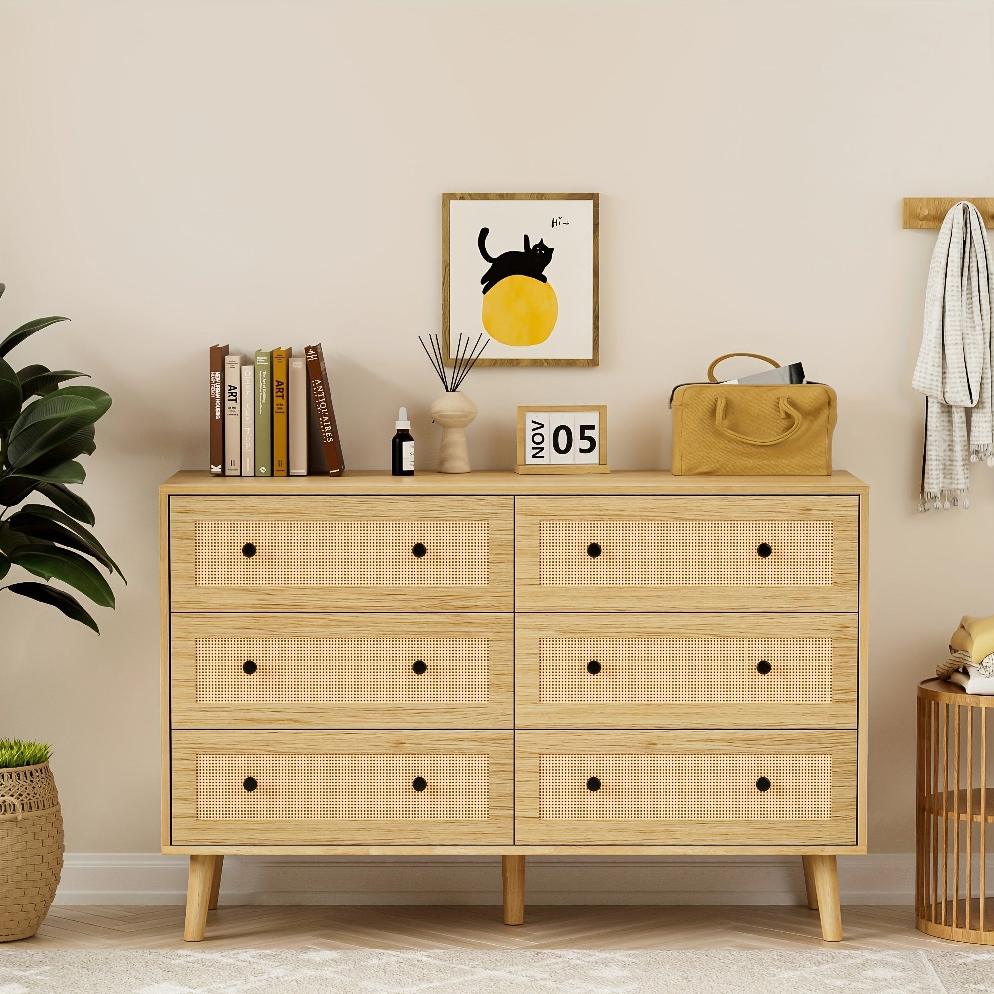 Rattan 6 Drawer Dresser For Bedroom, Wood Boho Double Chest Of Drawers With Storage And Golden Handle, Modern Natural Rattan Dresser For Living Room, Hallway, Entryway