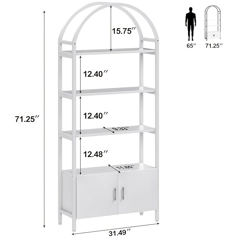 Arched Bookshelf, Bookcase with Doors Storage, 71 Inches Tall Industrial Book Shelf with Sturdy Metal Frame, Freestanding Display Shelving Unit, White