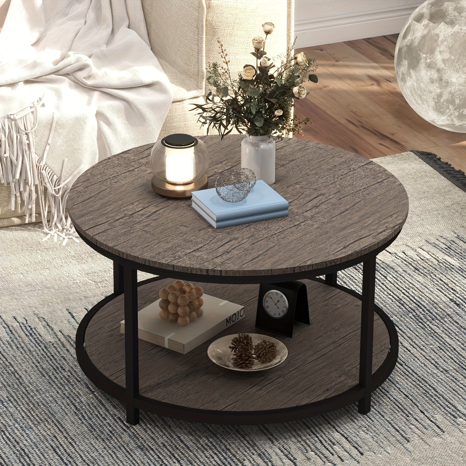 Round Coffee Table, 86cm Coffee Table For Living Room With 2-Tier Storage Shelf, Modern Wood Desktop Open Storage Compartment For Bedroom Home Office (Walnut)