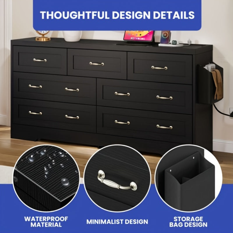 Elegant 7- Drawer Wood Dresser with Charging Station: Versatile Storage Cabinet for Bedroom, Entryway, and Living Room