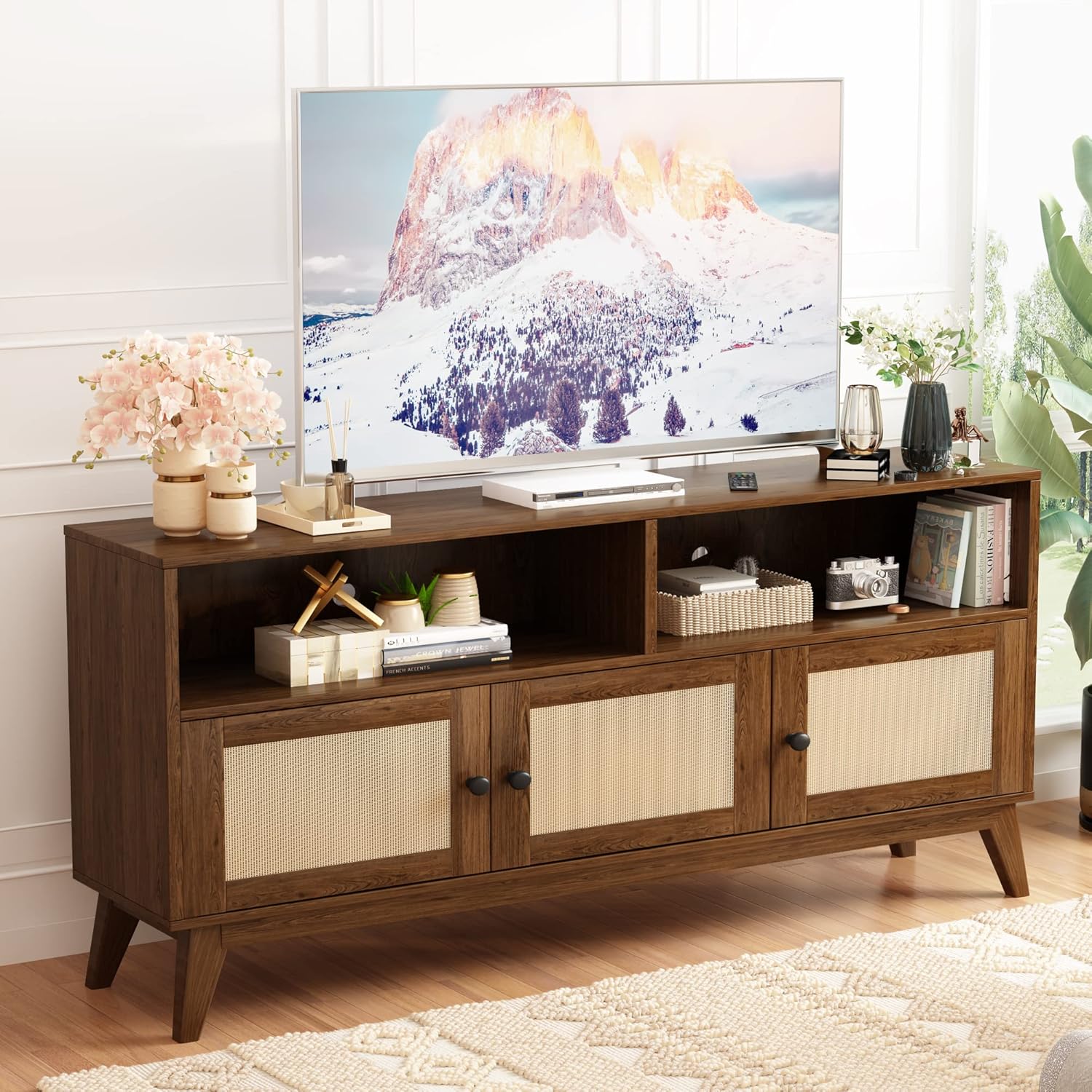 TV Stand for 57" TV, Mid Century Modern TV Console, Entertainment Center with 3 Storage Cabinet, TV Console Table for Living Room, Bedroom, Brown