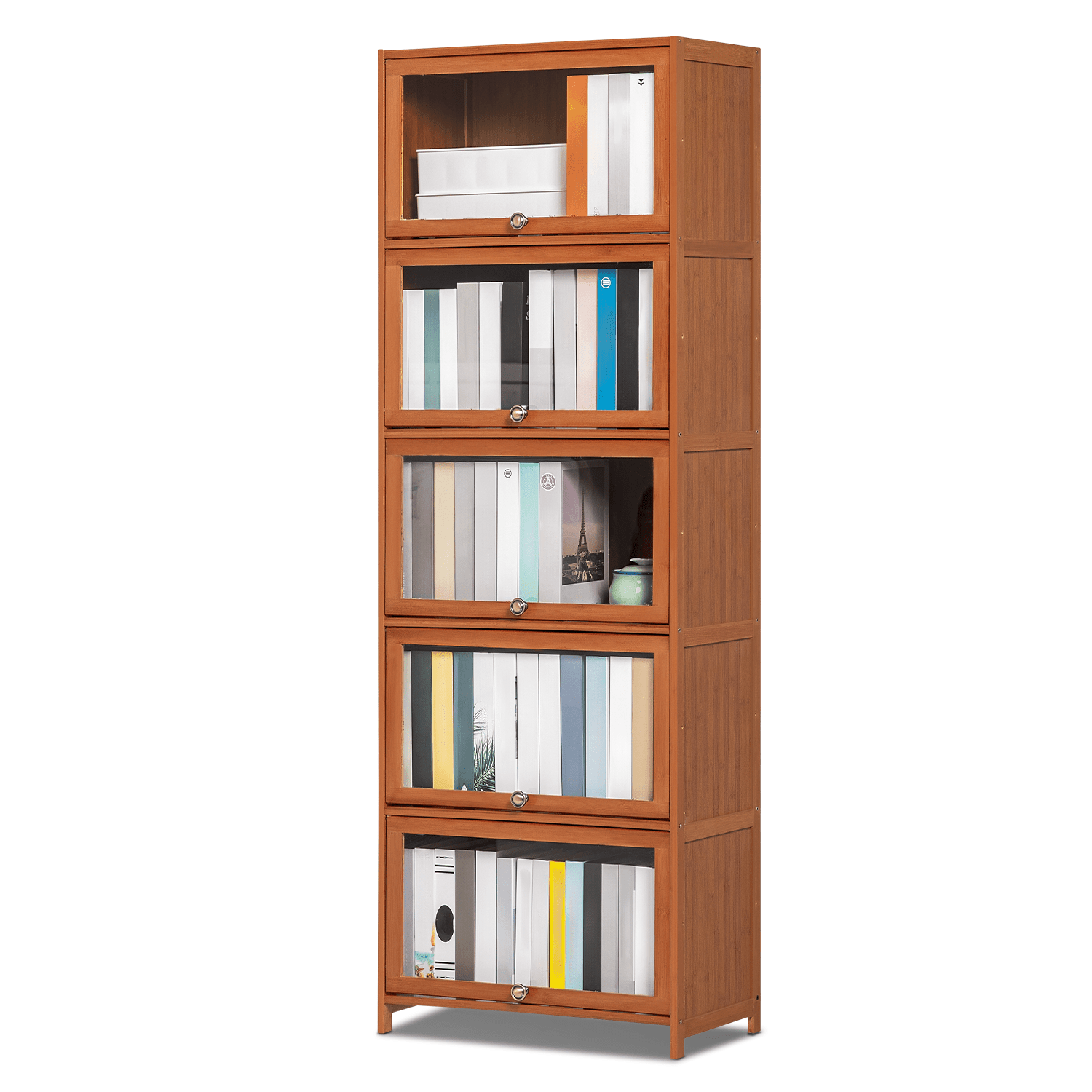 Bamboo Tall 5 Tiers Bookcase, Free Standing Shelf with Acrylic Door, Brown, for Living Room