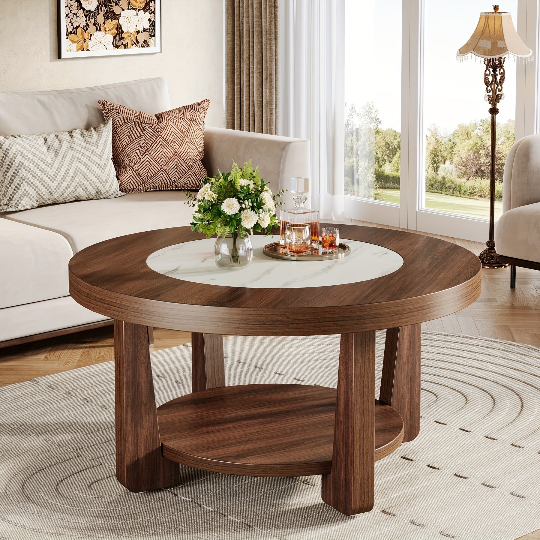 Vintage-Style 2-Tier Round Wood Coffee Table With Storage, Brown And White Accent Centerpiece For Living Room