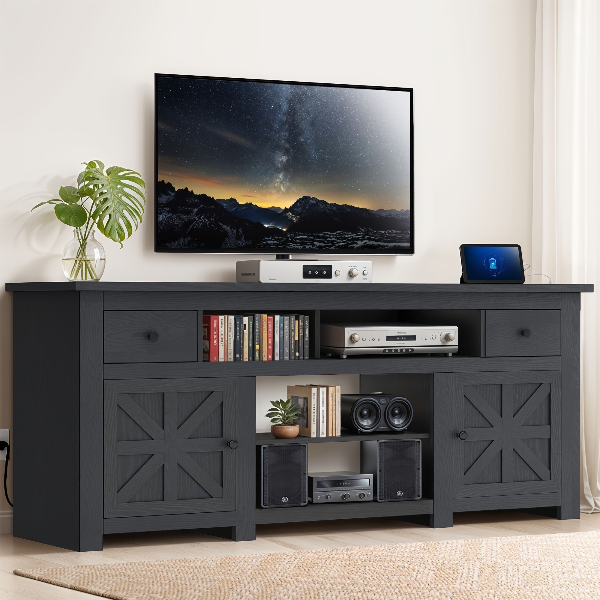 Modern Farmhouse TV Console with Storage Cabinets and Drawers for 80- Inch TVs