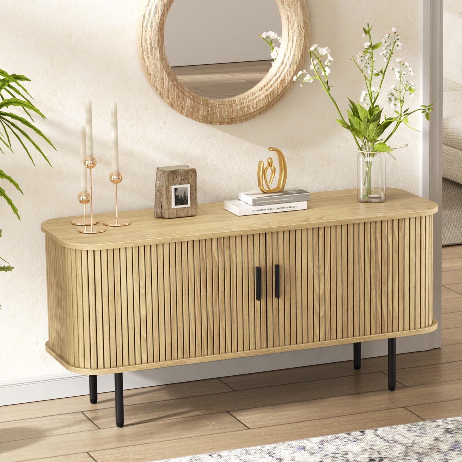 Natural Storage Cabinet, Media Console, Tambour TV Stand, Television Stands with Curvy Edge; Sliding Door, Fluted Cabinet, Buffet Sideboard, Credenza, Table Stand for Living Room, Kitchen