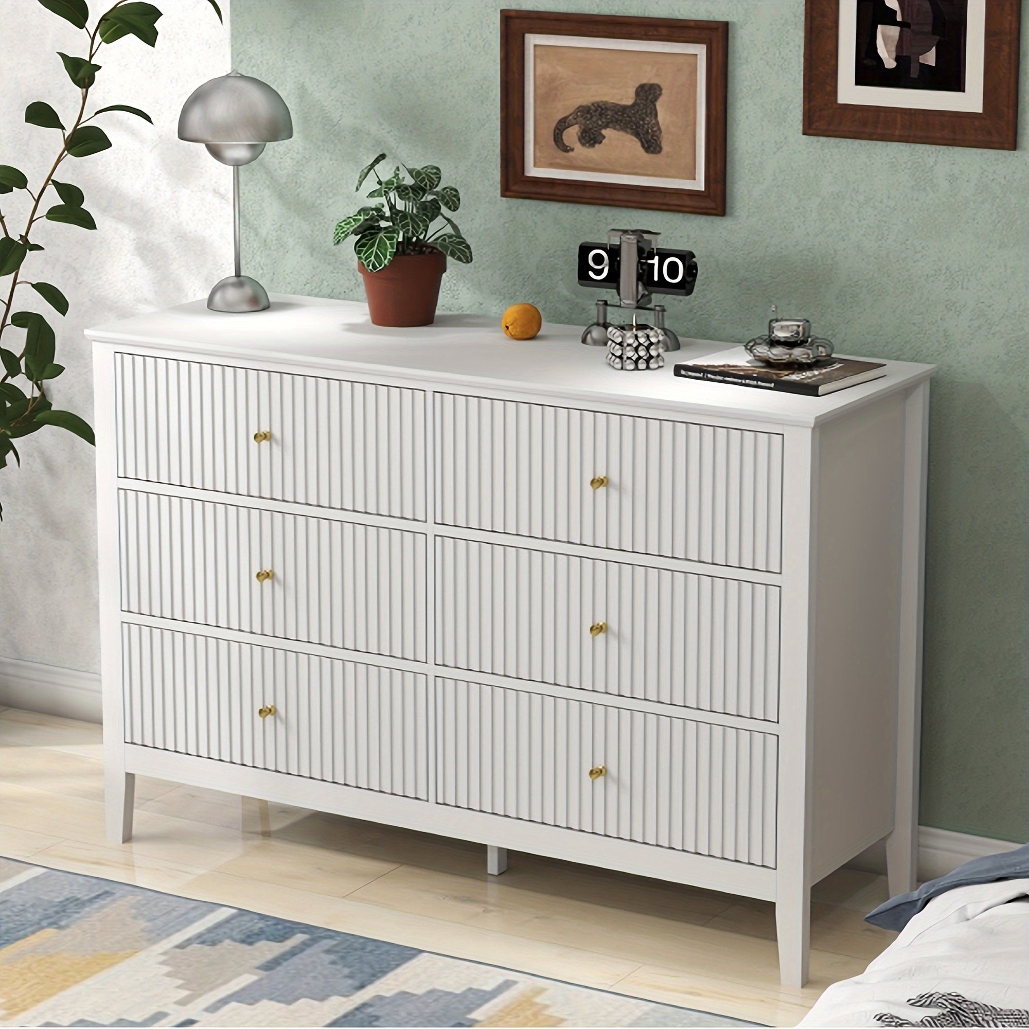 6 Drawers Dresser with Paint Design Top, Fluted Modern Wood Dresser with Storage, Long Storage Dresser, Wooden Drawer Organizer for Bedroom, Hallway, Entryway