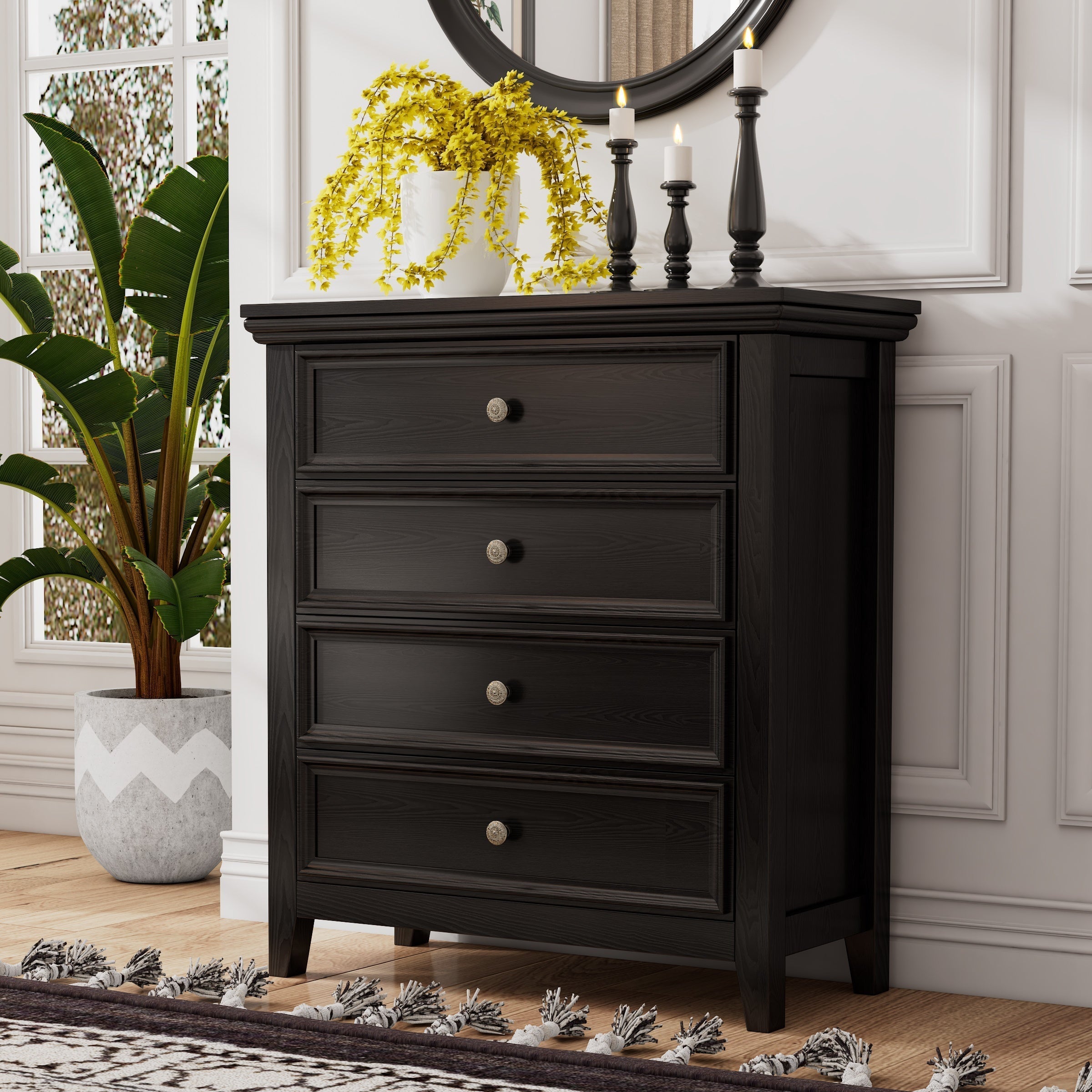 Black Dresser for Bedroom, 4 Chest of Drawers, Modern Drawer Dresser, Wooden White Black Dresser for living room, hallway