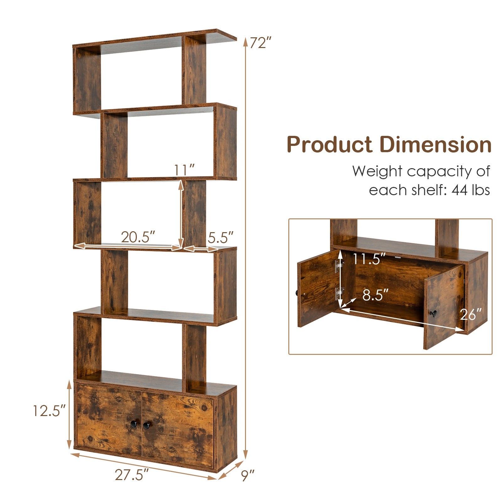 Bookshelf with Cabinet 6-Tier S-Shaped Bookcase Storage Rack Rustic Brown