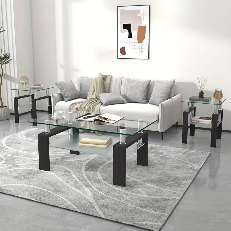 Glass Coffee Table Set Of 3, 3pcs Living Room Tables With Tempered Glass And Metal Frame, Coffee And End Table Sets