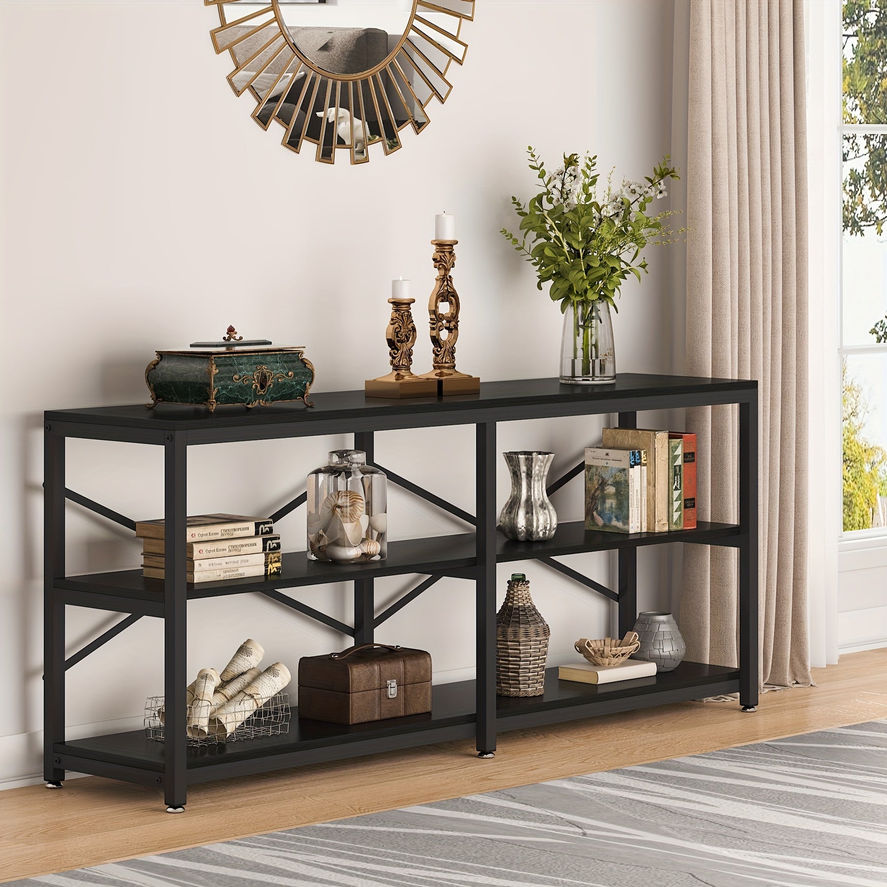 180 cm Extra Long Console Table, Modern 3-Tier Sofa Table with Storage Shelves, Ideal as Industrial Hallway Entryway Table or Bookshelf in Living Room, Featuring Functional Behind Couch Design