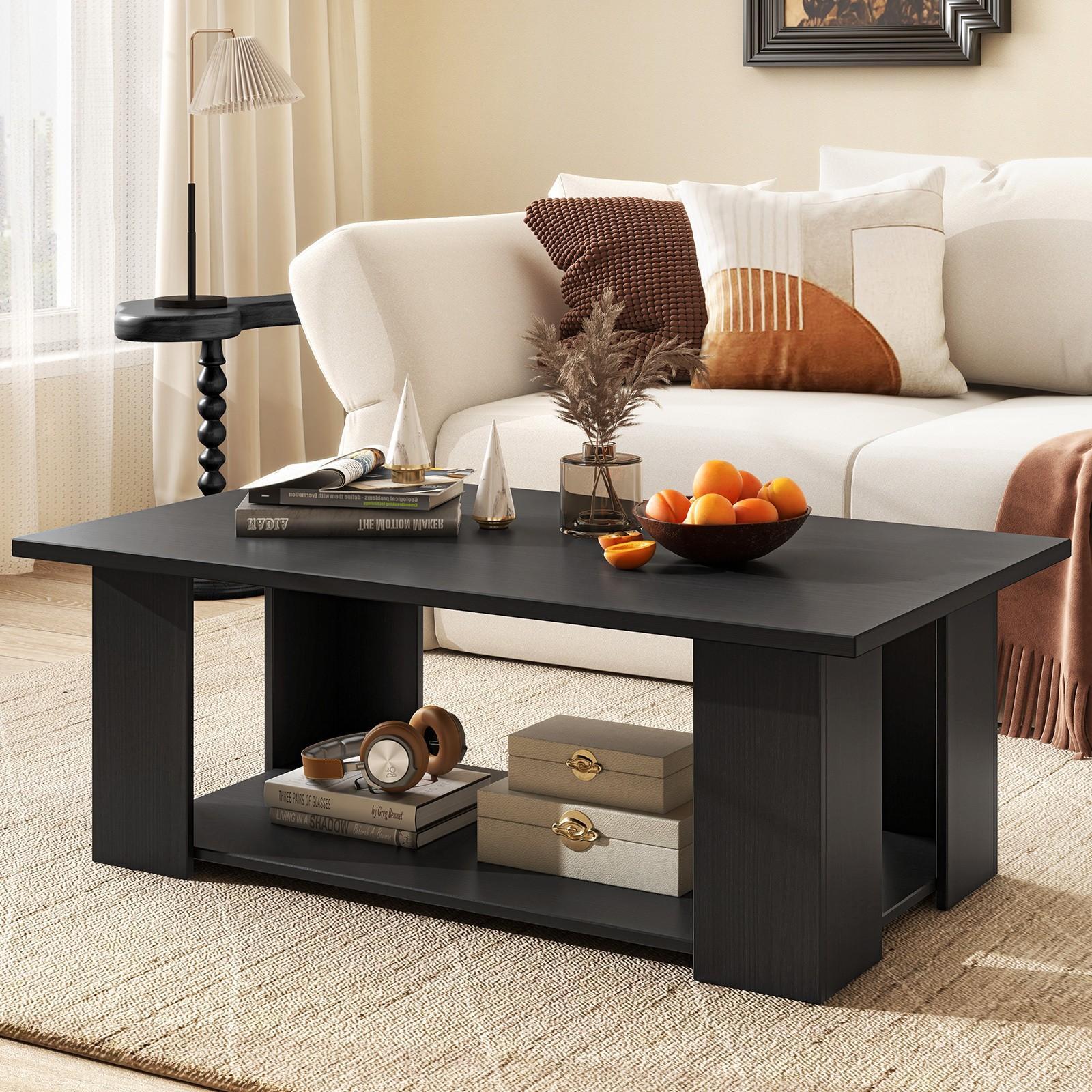 Elegant 2-Tier Coffee Table with Storage Shelf - Modern Center Cocktail Table for Living Room, Durable Hardwood Construction