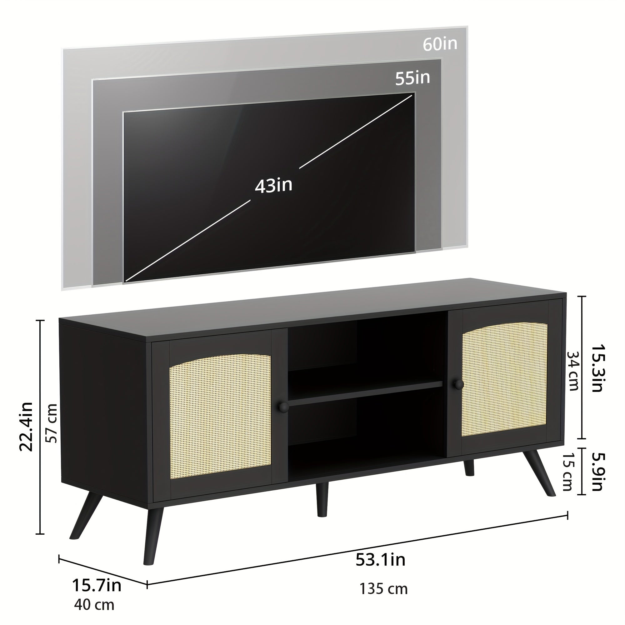 Rattan TV Stand For 60 Inch TV, Mid Century Modern Entertainment Center With Natural Rattan Door, Boho Media TV Console For Living Room