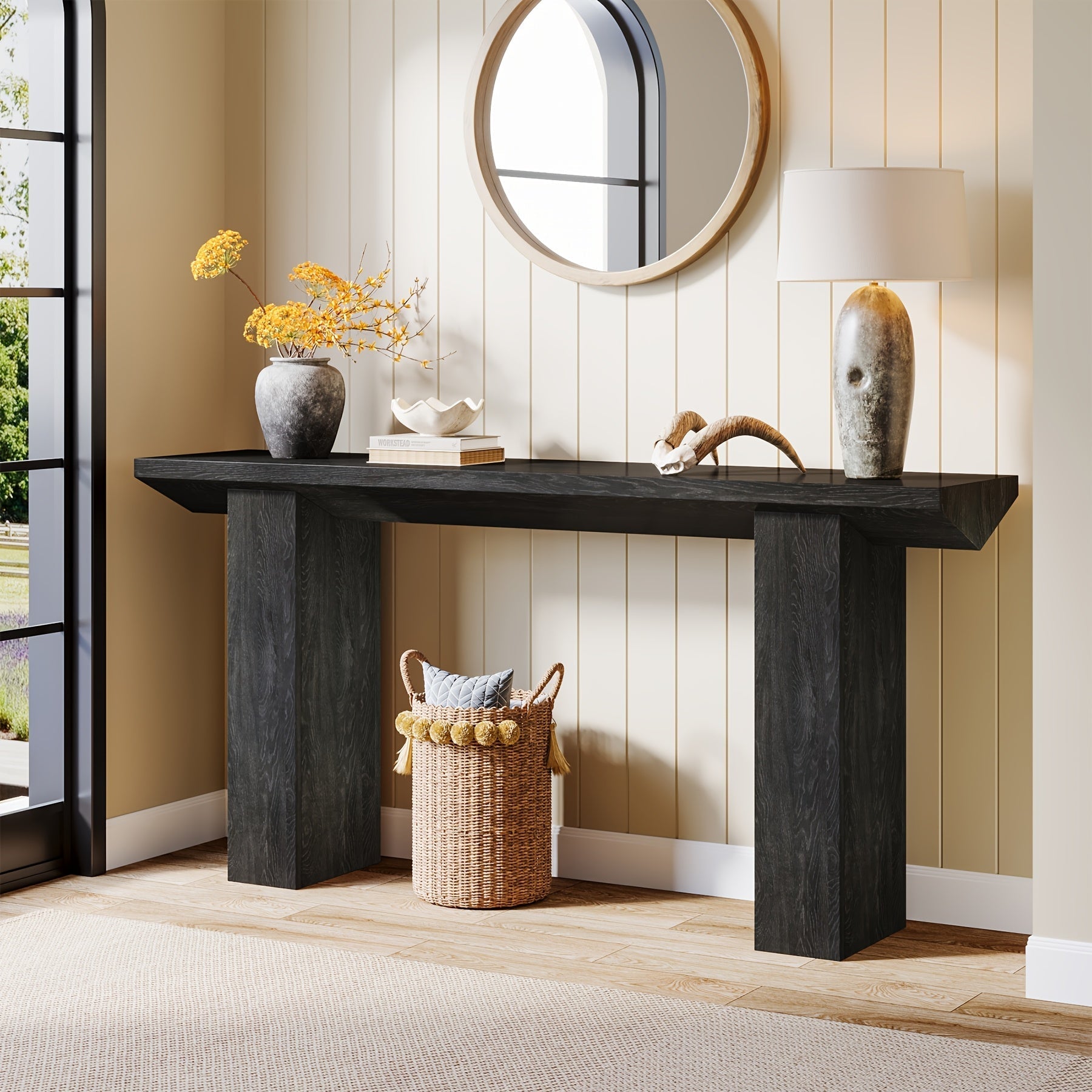 Elegant 160.8 cm Long Farmhouse Console Table - Stain-Resistant MDF, Black Sofa Table with Inverted Triangle Design, Ideal for Entryway, Hallway, Living Room - Durable & Easy to Assemble