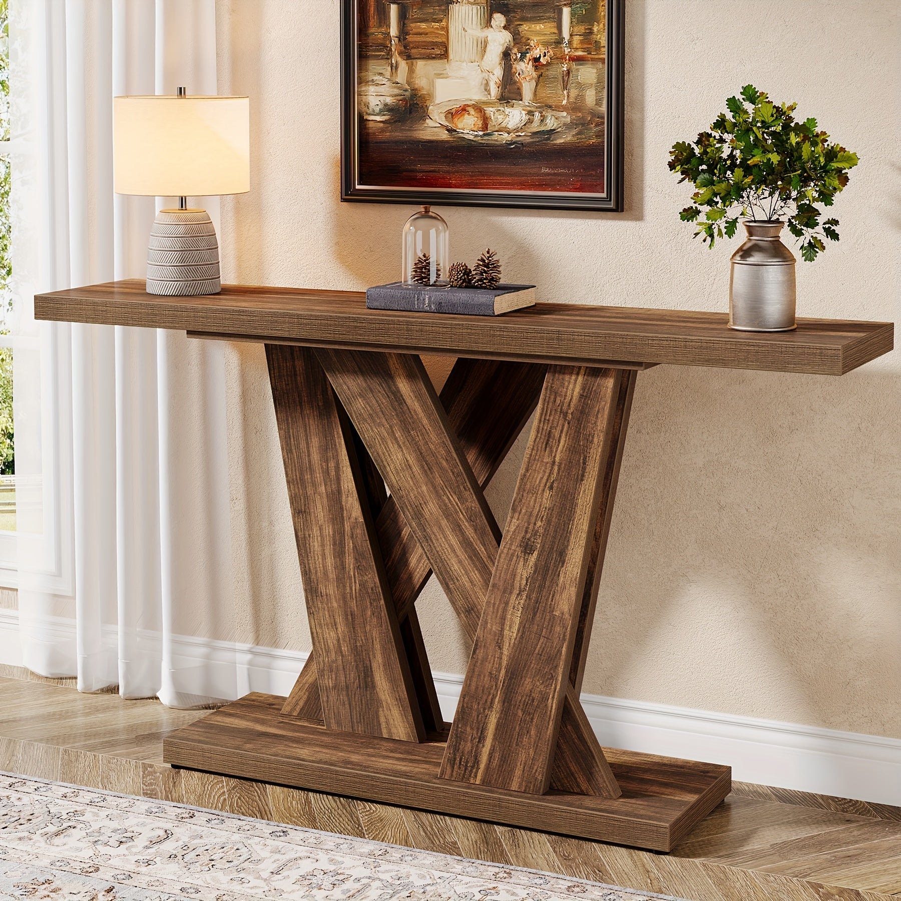 140 cm Farmhouse Console Table, Entryway Table with Geometric Base, Narrow Sofa Table, Rustic Wood Hallway Table for Entrance, Living Room, Foyer