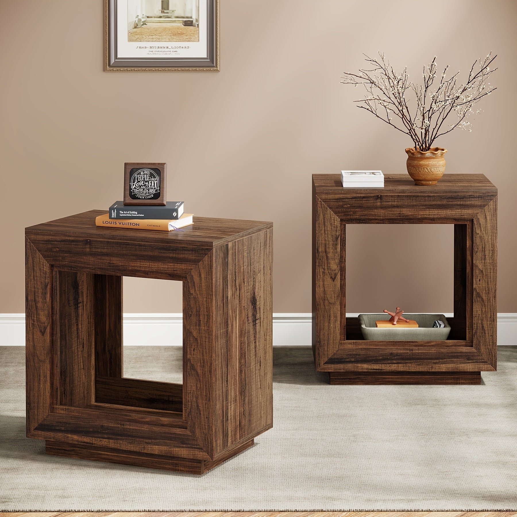 Charming 64cm Farmhouse End Table with Storage - Rustic Dark Wood Finish, 2-Tier Side Table for Living Room or Bedroom, Space-Saving Design with Ample Top Surface & Under-Table Shelf for Books and Decor, Compact Side Table|Rus