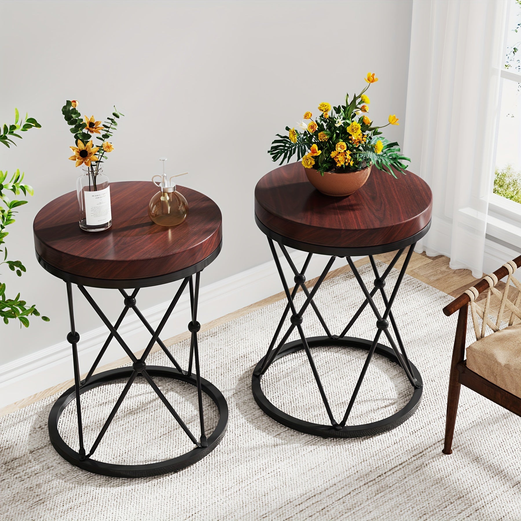 50cm Round End Table, Modern Sofa Side Table With X-Shaped Base, Wooden And Metal Cocktail Table Accent Table Nightstand For Living Room Bedroom