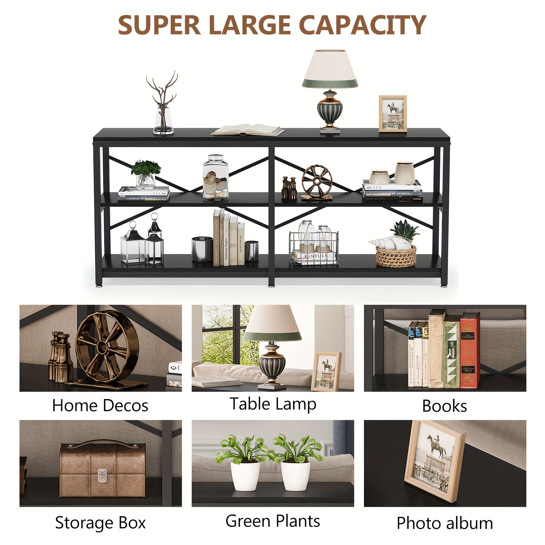 180 cm Extra Long Console Table, Modern 3-Tier Sofa Table with Storage Shelves, Ideal as Industrial Hallway Entryway Table or Bookshelf in Living Room, Featuring Functional Behind Couch Design