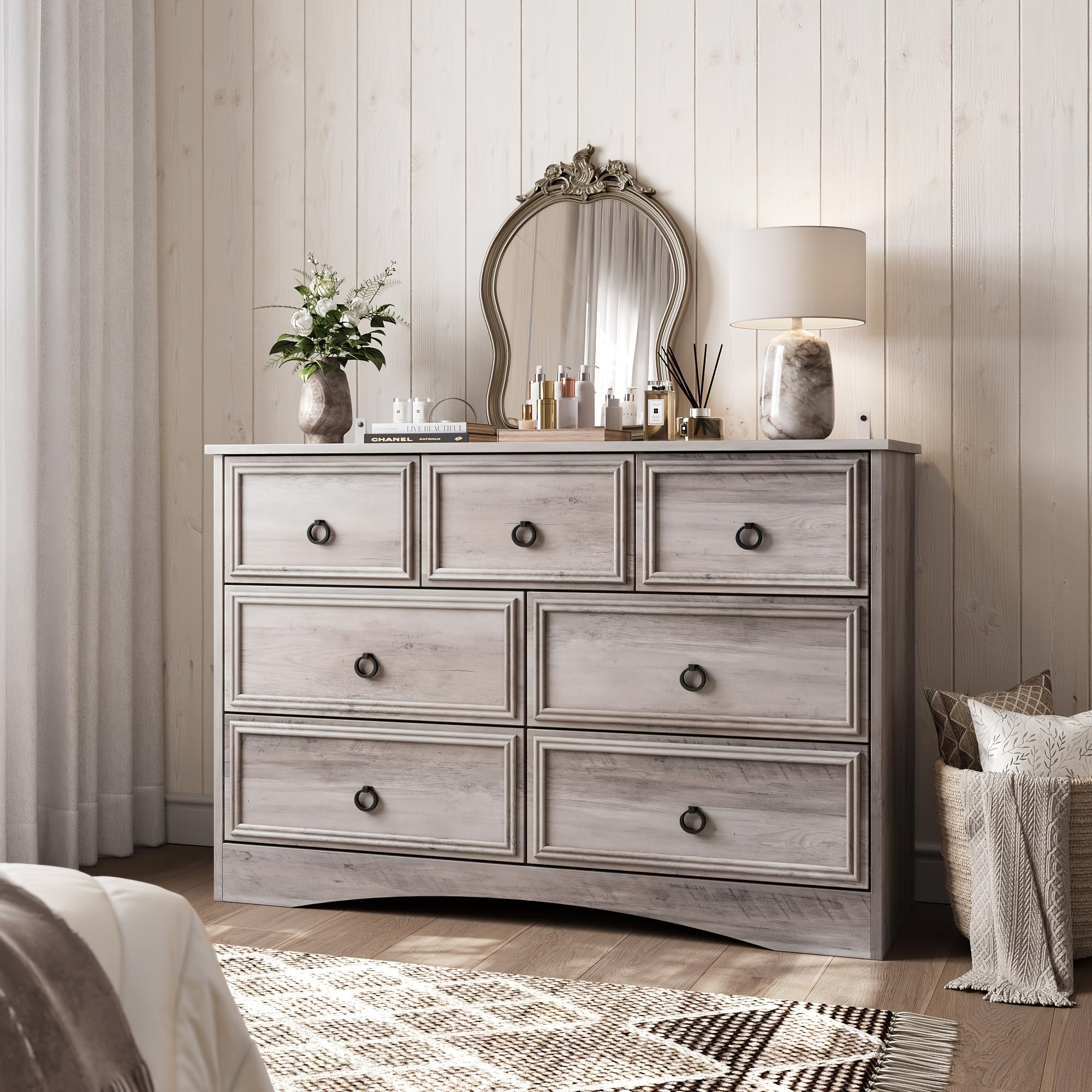 Dresser For Bedroom With 7 Drawers, Rustic Wide Chest Of Drawers, Storage Dressers Organizer For Bedroom, Living Room, Hallway, Closet