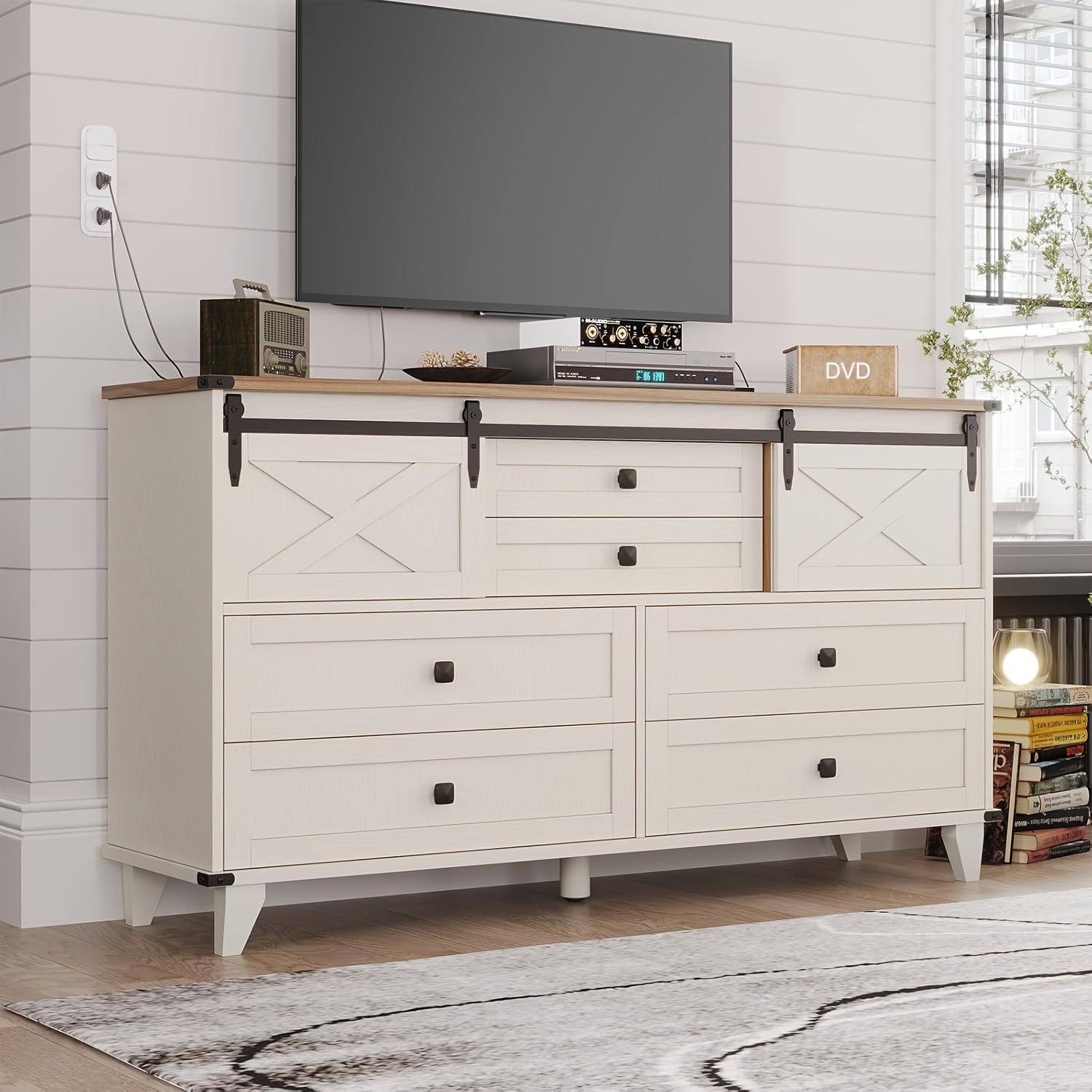 Charming Farmhouse 6-Drawer Dresser with Sliding Barn Doors - Versatile White Chest of Drawers with X-Shaped Metal Frame, Ideal for Bedroom or Living Room Storage, Easy Assembly