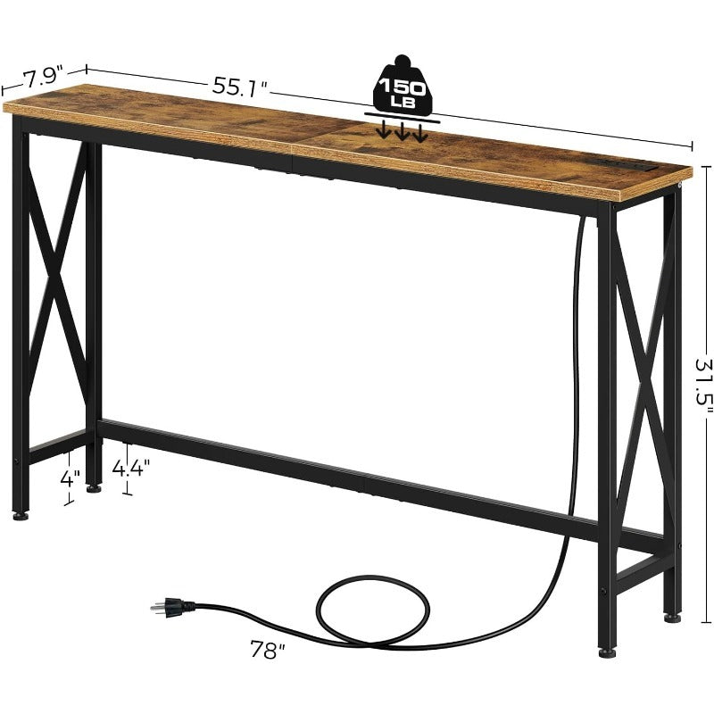 Console Table with Power Outlet, Sofa Table with Charging Station, Narrow Entryway Table, Skinny Hallway Table, Behind Couch Table 100 x 30/20, 140 x 30/20, 180 x 30/20 Farmhouse Table Behind Sofa Couch H