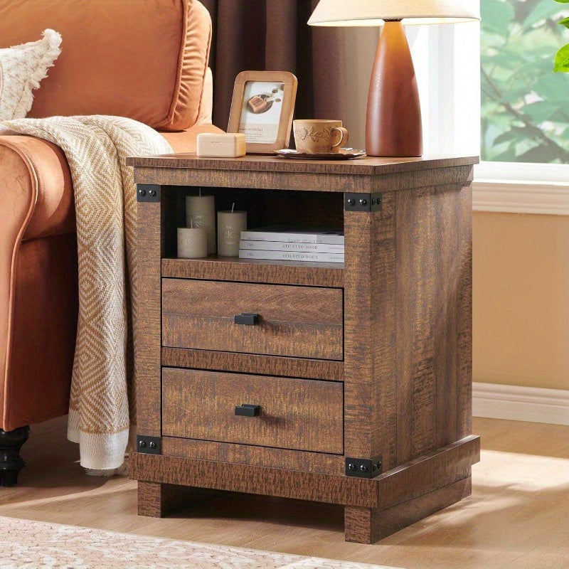 Rustic Farmhouse Nightstand with Charging Station - 18" Wood End Table with 2 Storage Drawers, Ideal for Bedroom & Living Room