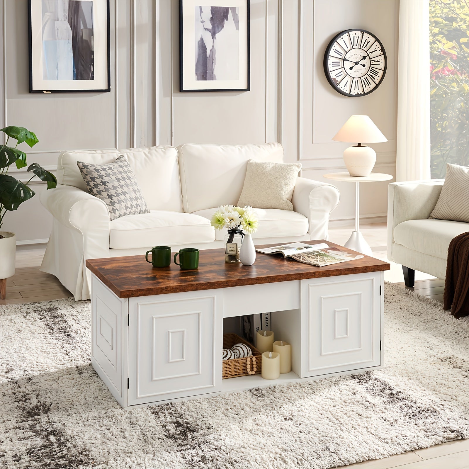 Coffee Table With Storage, 122cm Square Coffee Table For Living Room, And White Lift Top Coffee Table Suitable For Work And Drinking, Rustic Brown